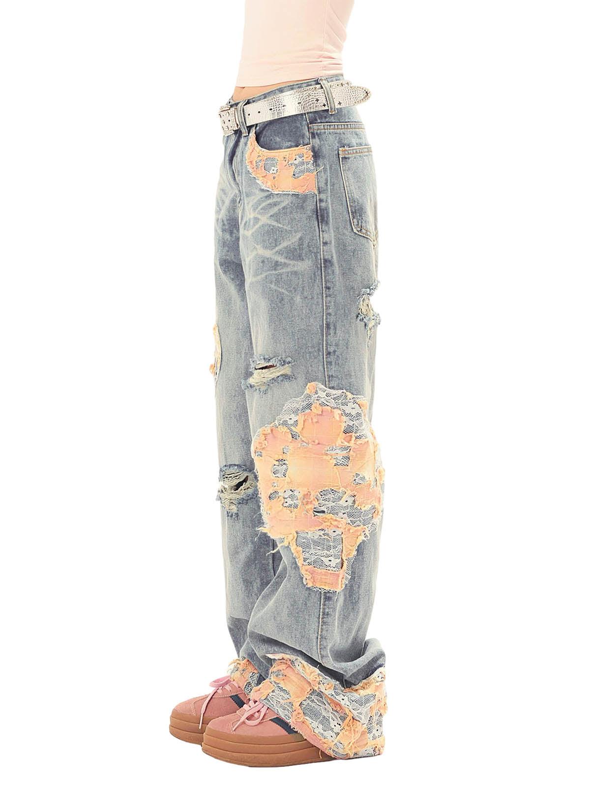 Tntwear Vintage Lace Patchwork Baggy Jeans - tntwear1