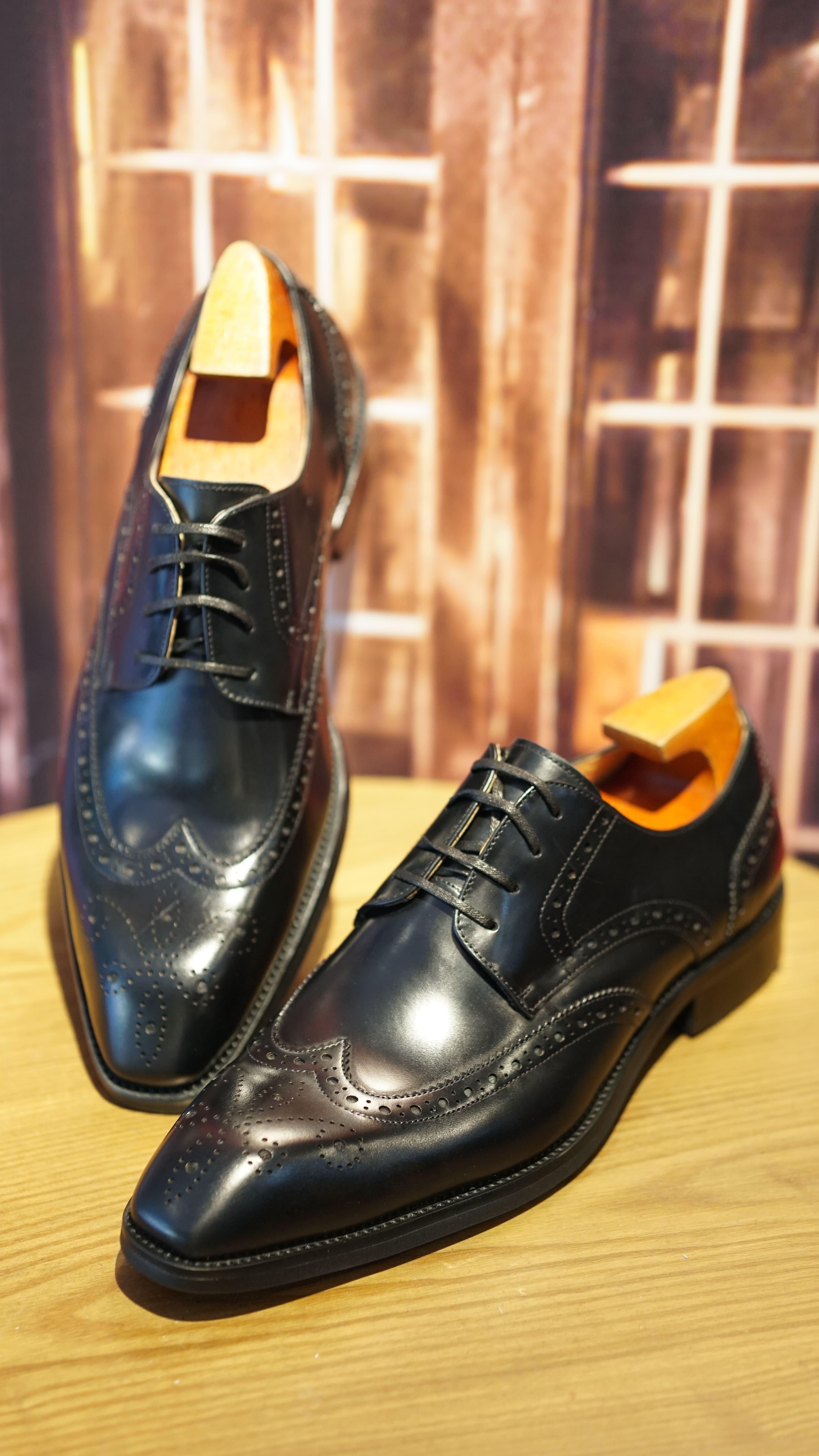 Handmade Black Wingtip Derby Shoes