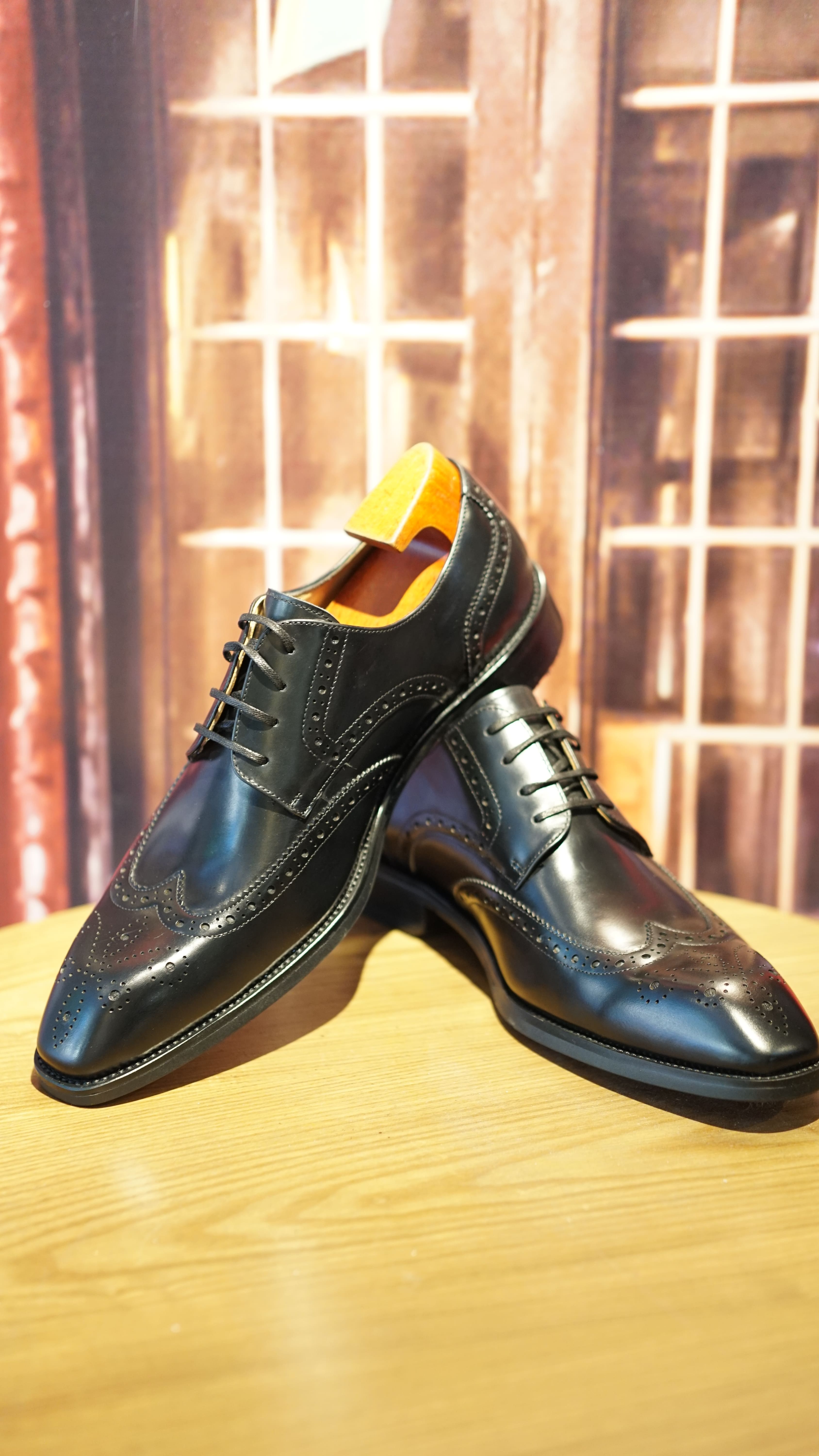 Handmade Black Wingtip Derby Shoes