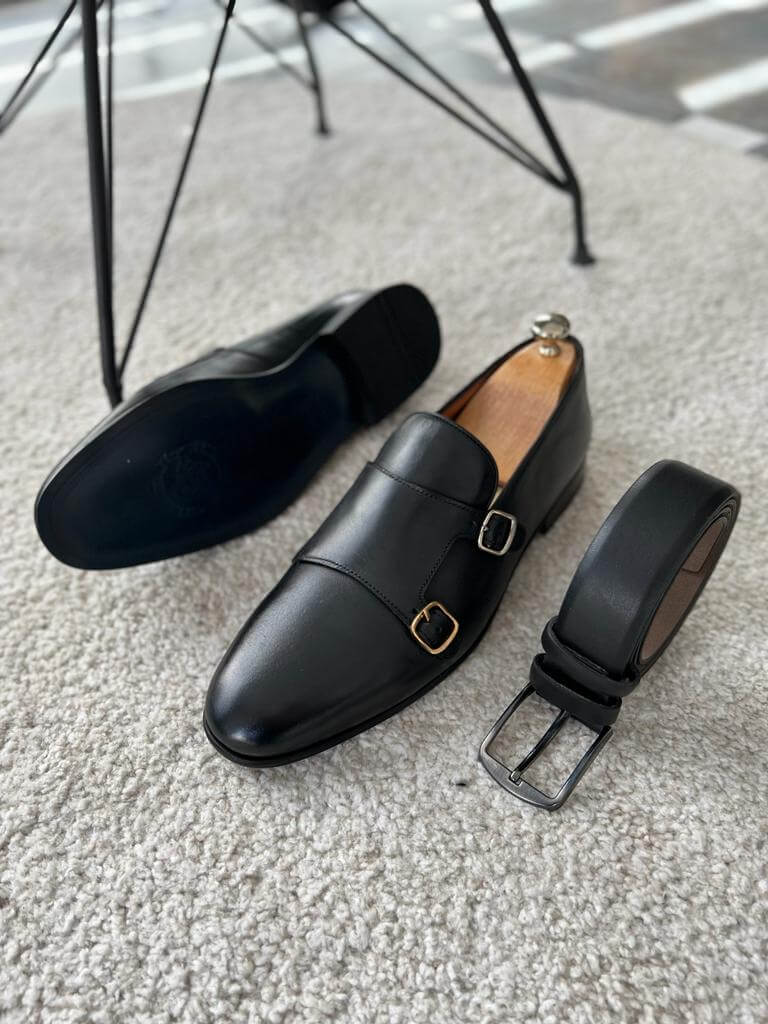 Black Buckled Leather Monk Strap