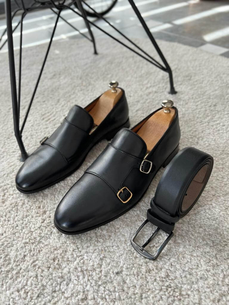 Black Buckled Leather Monk Strap