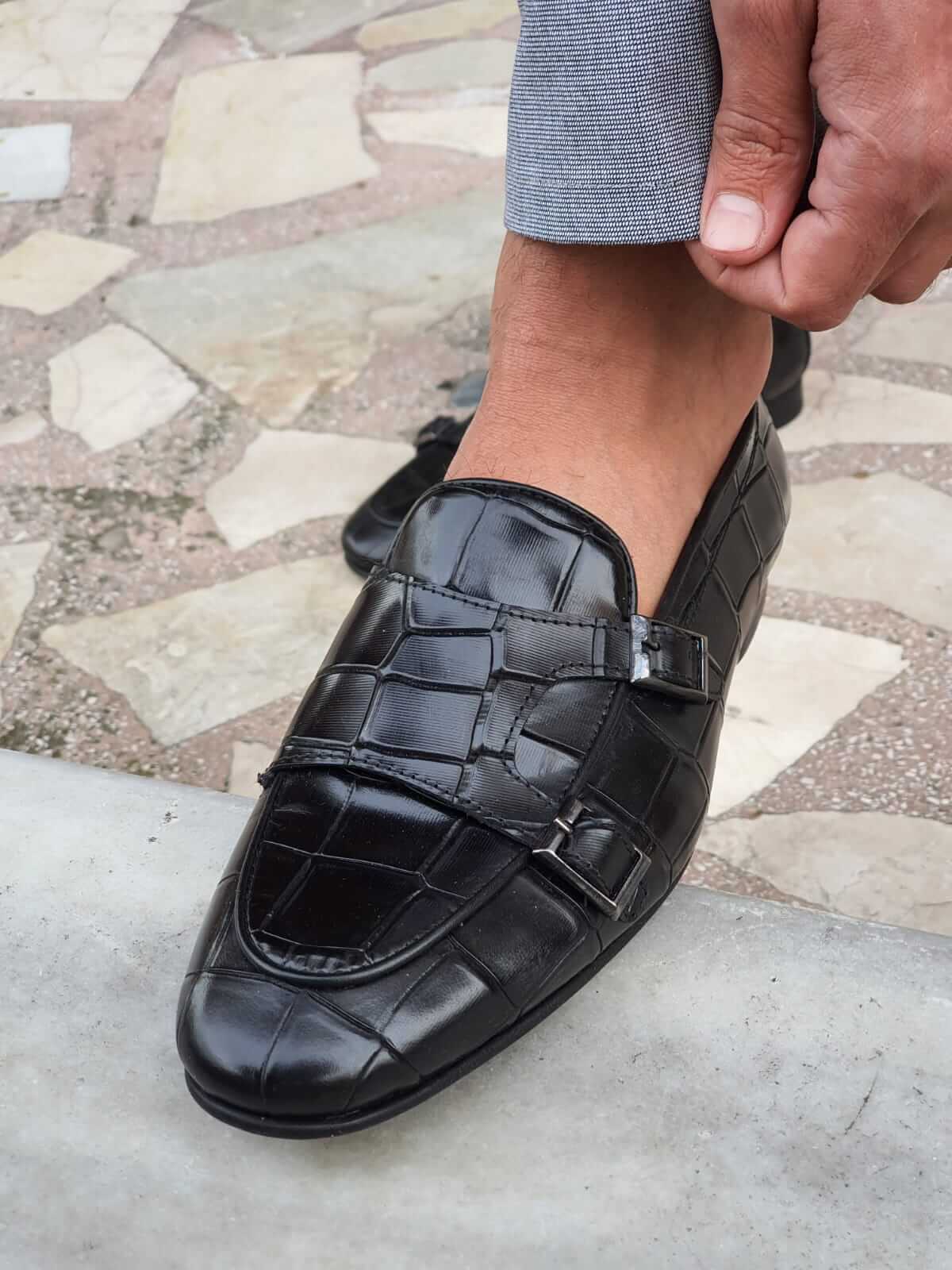 Black Double Monk Strap Leather Shoe