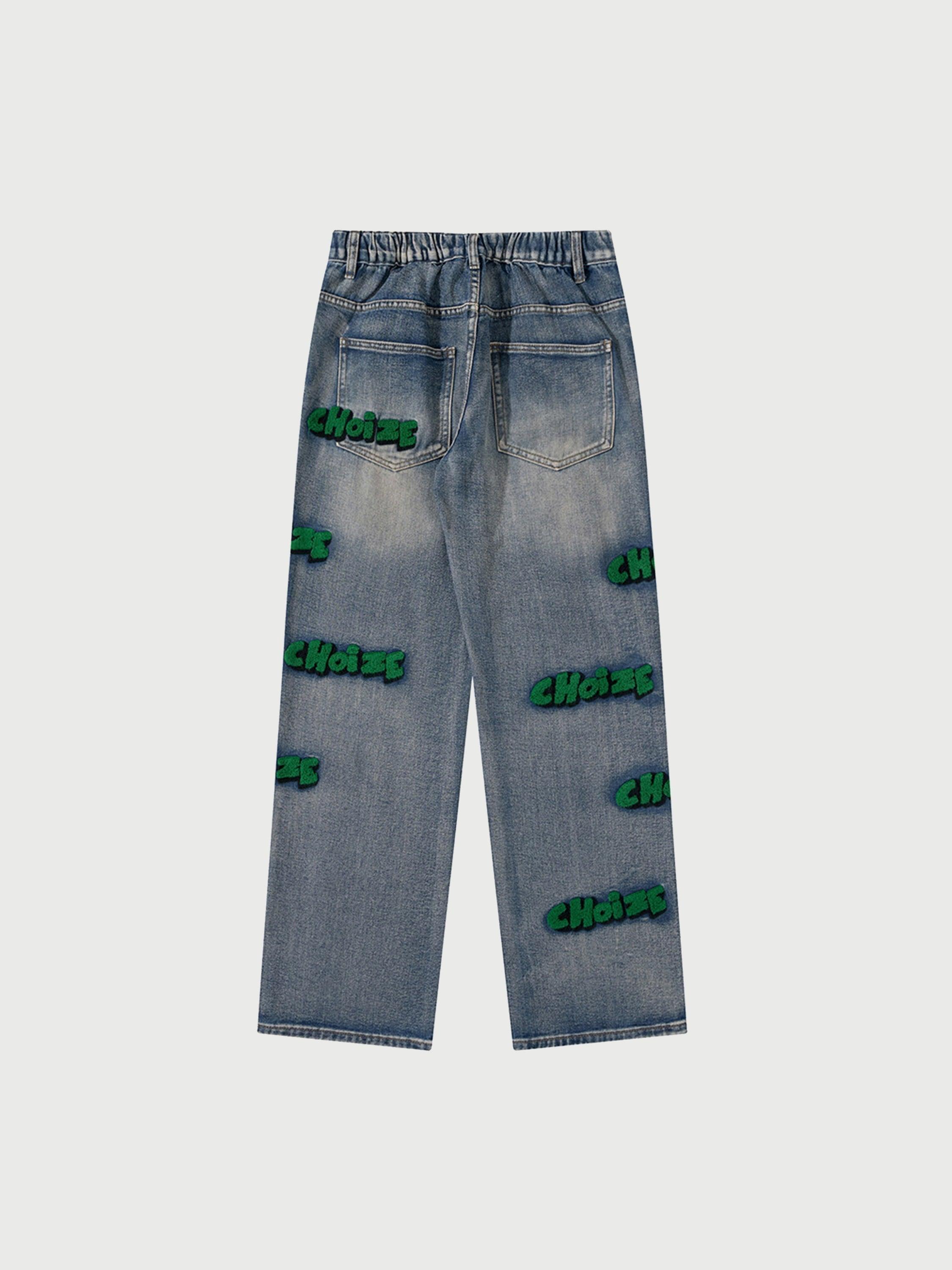 Straight Leg Mid Waist Letter Flocking Jeans - tntwear1