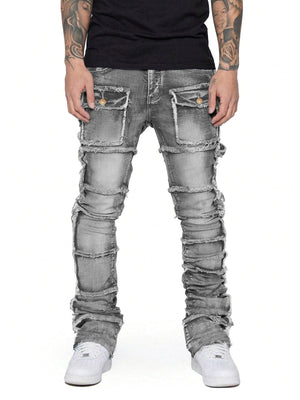 Tntwear Stretch Patch Layered Bootcut Stacked Jeans - tntwear1