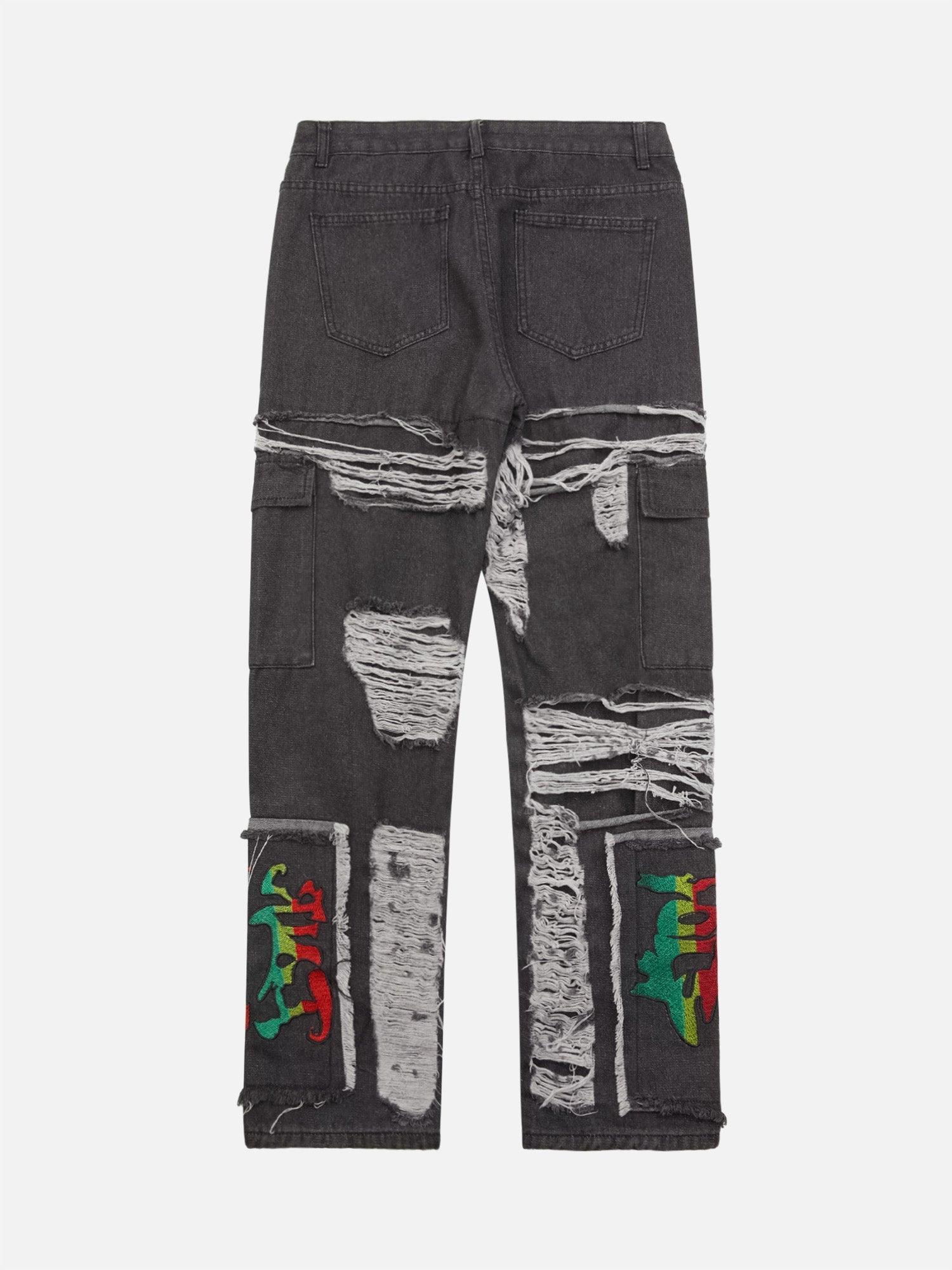 1984 Destruction Brushed Hip Hop Embroidered Jeans - tntwear1