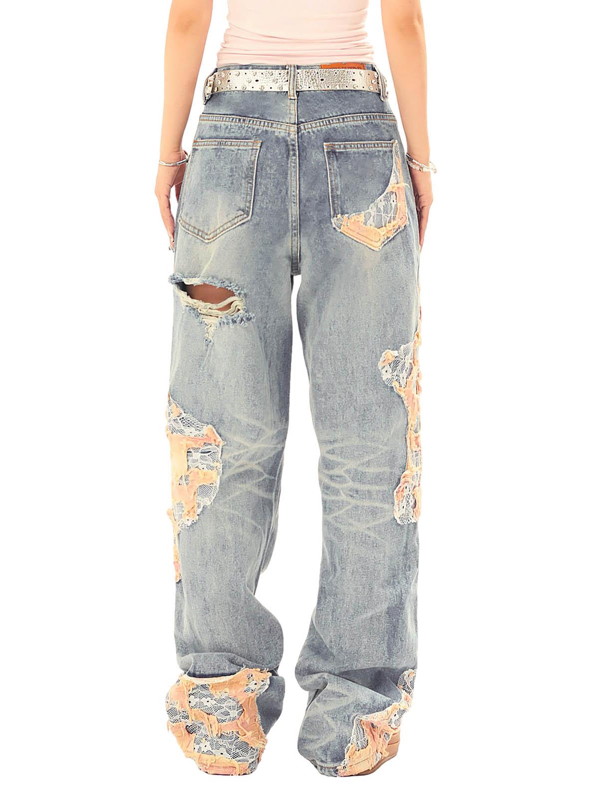 Tntwear Vintage Lace Patchwork Baggy Jeans - tntwear1