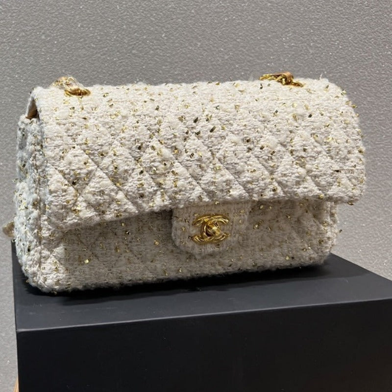 Tntwear - Tweed Double Flap Bag White/Gold