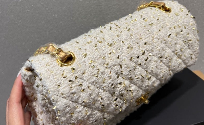 Tntwear - Tweed Double Flap Bag White/Gold