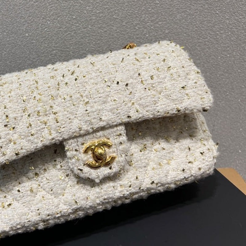 Tntwear - Tweed Double Flap Bag White/Gold