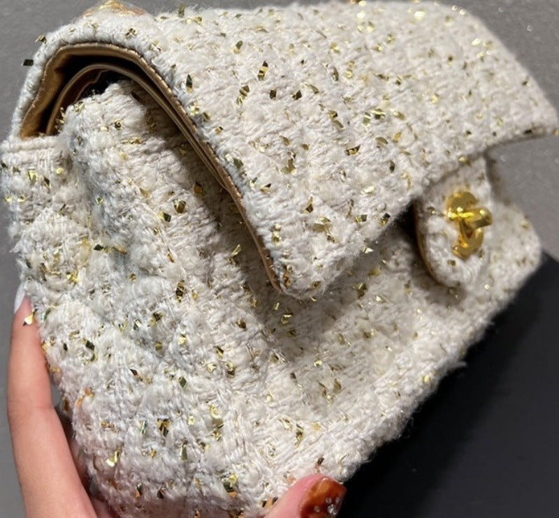 Tntwear - Tweed Double Flap Bag White/Gold