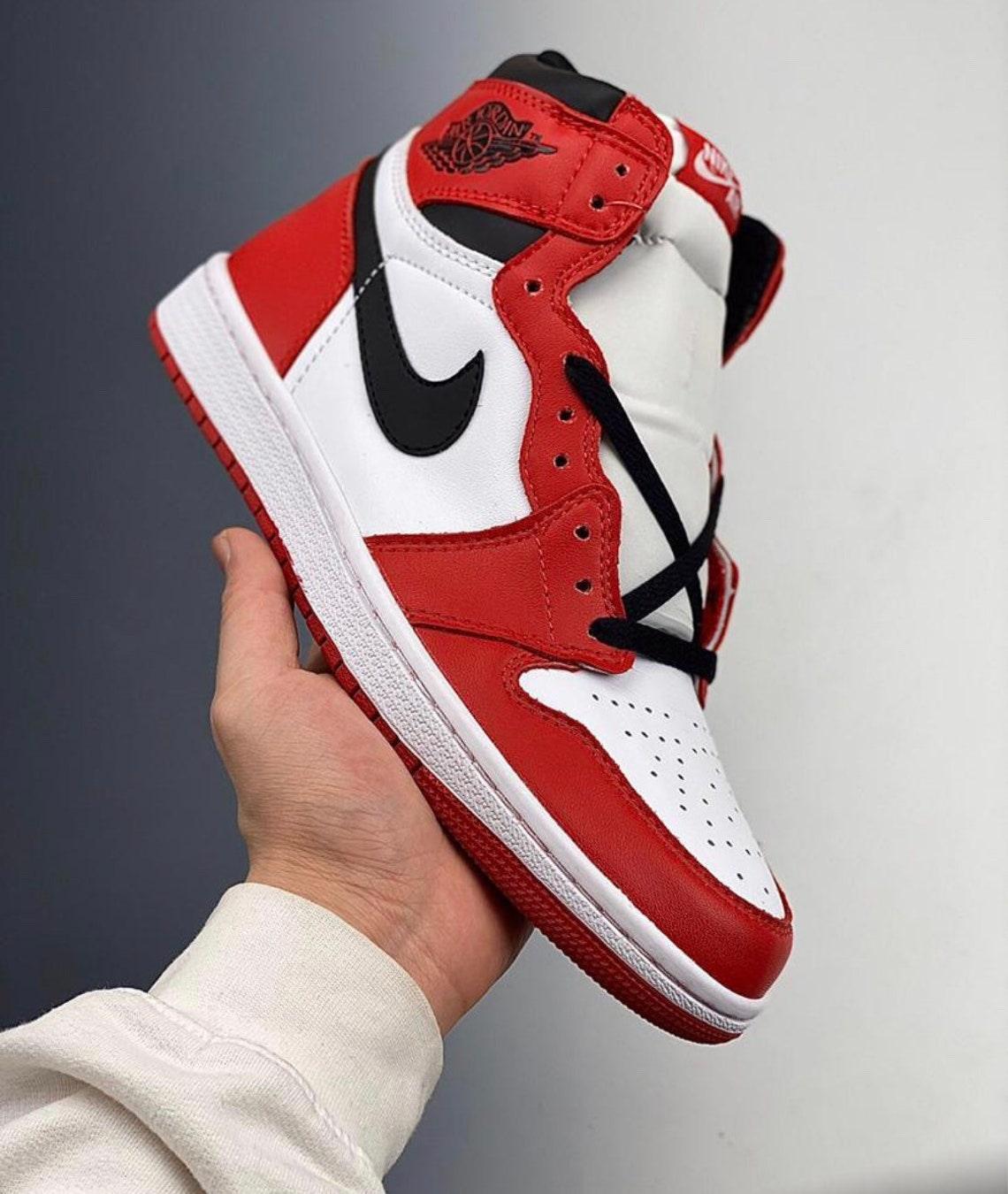 Custom RED Black White Jordan 1 CHICAGO High Q AJ1 UNISEX ( Customs And Box ), Jordan 1 Sneakers FREE SHIPPING WITH FEDEX - tntwear1