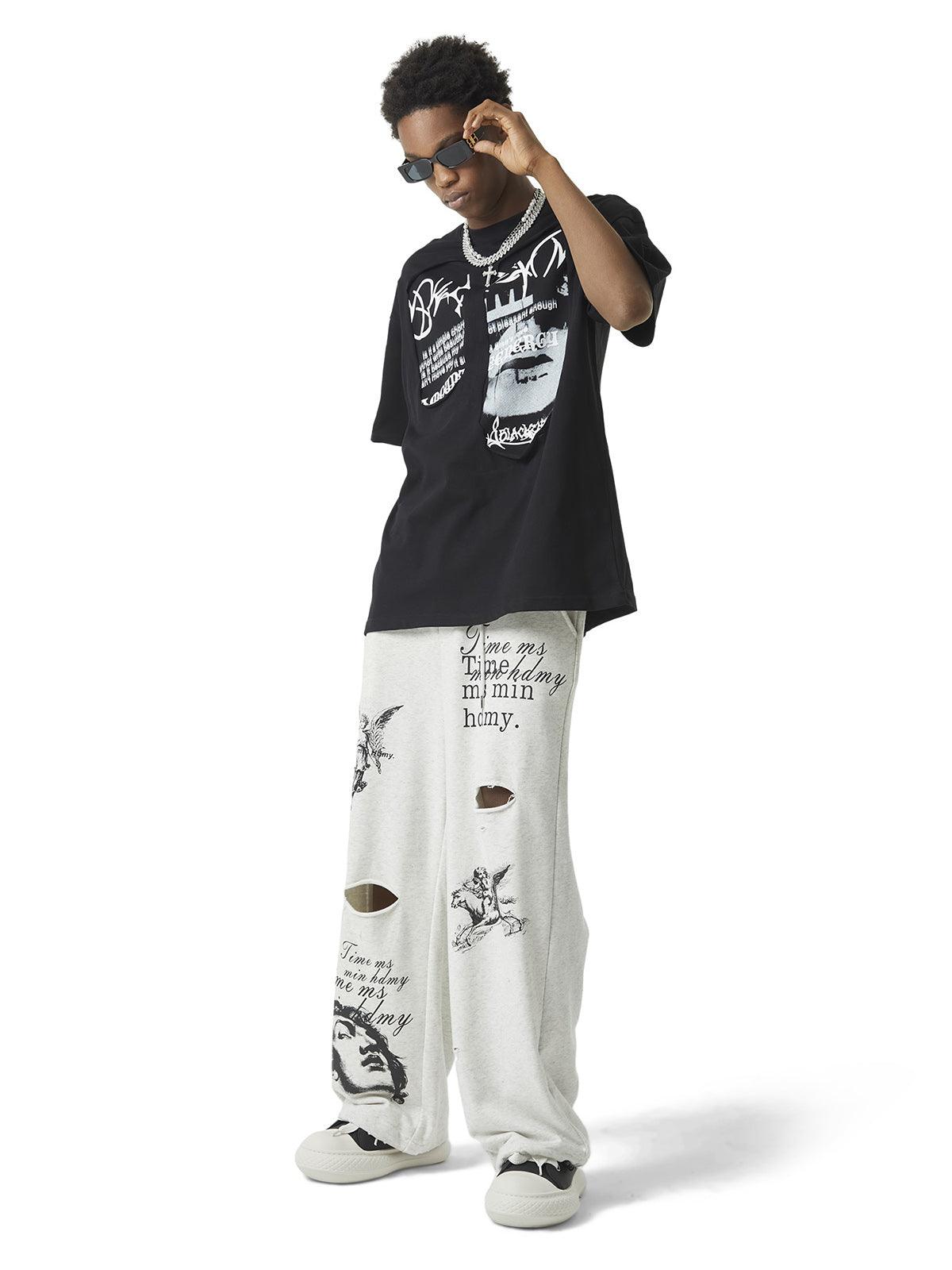 Tntwear Cut Hole Angel Drawing Letter Pants