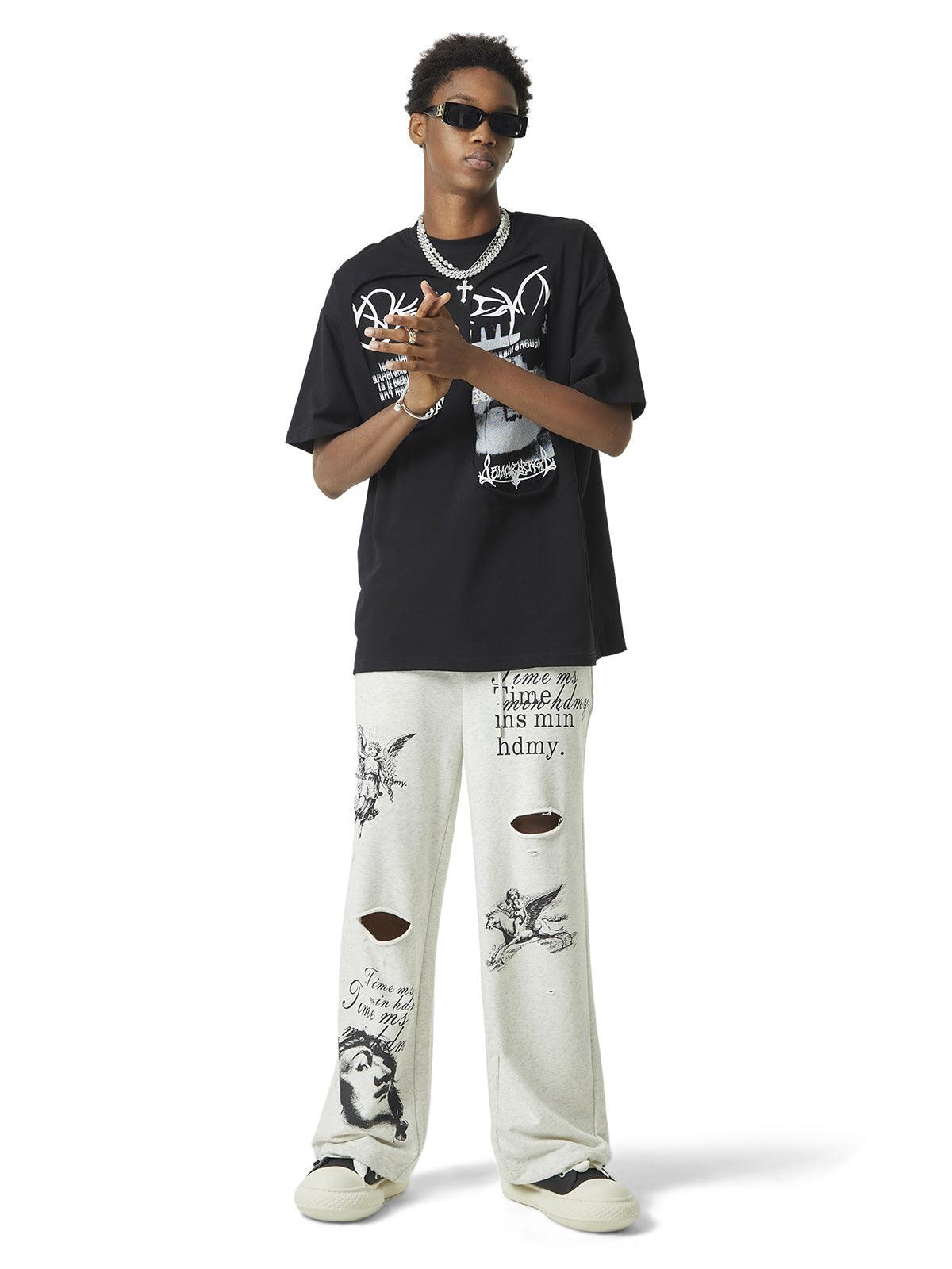 Tntwear Cut Hole Angel Drawing Letter Pants