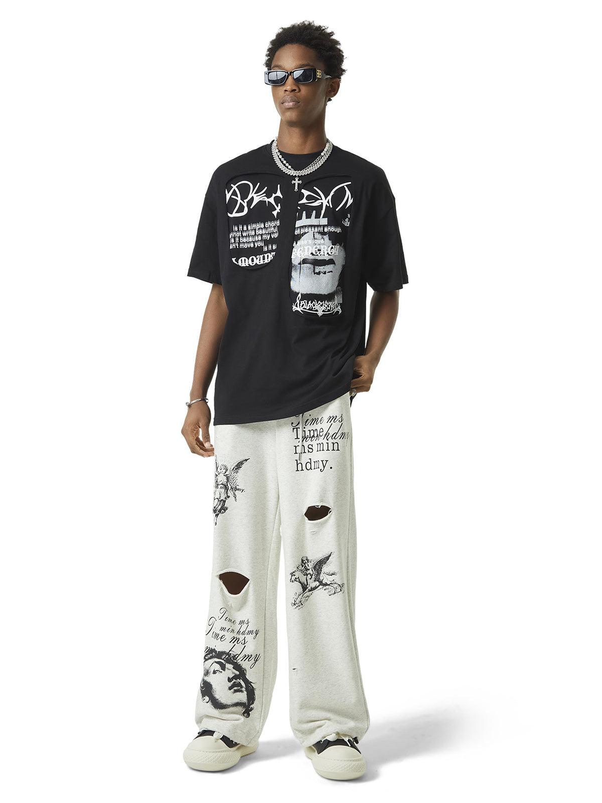 Tntwear Cut Hole Angel Drawing Letter Pants