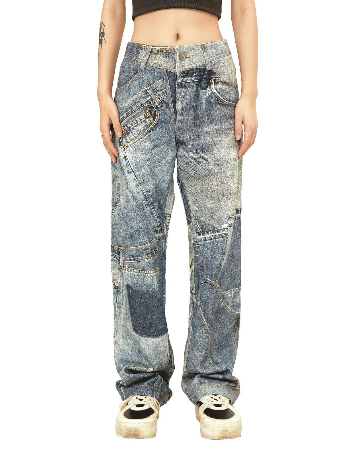 Tntwear Street Hip-Hop Deconstructed Print Jeans - tntwear1