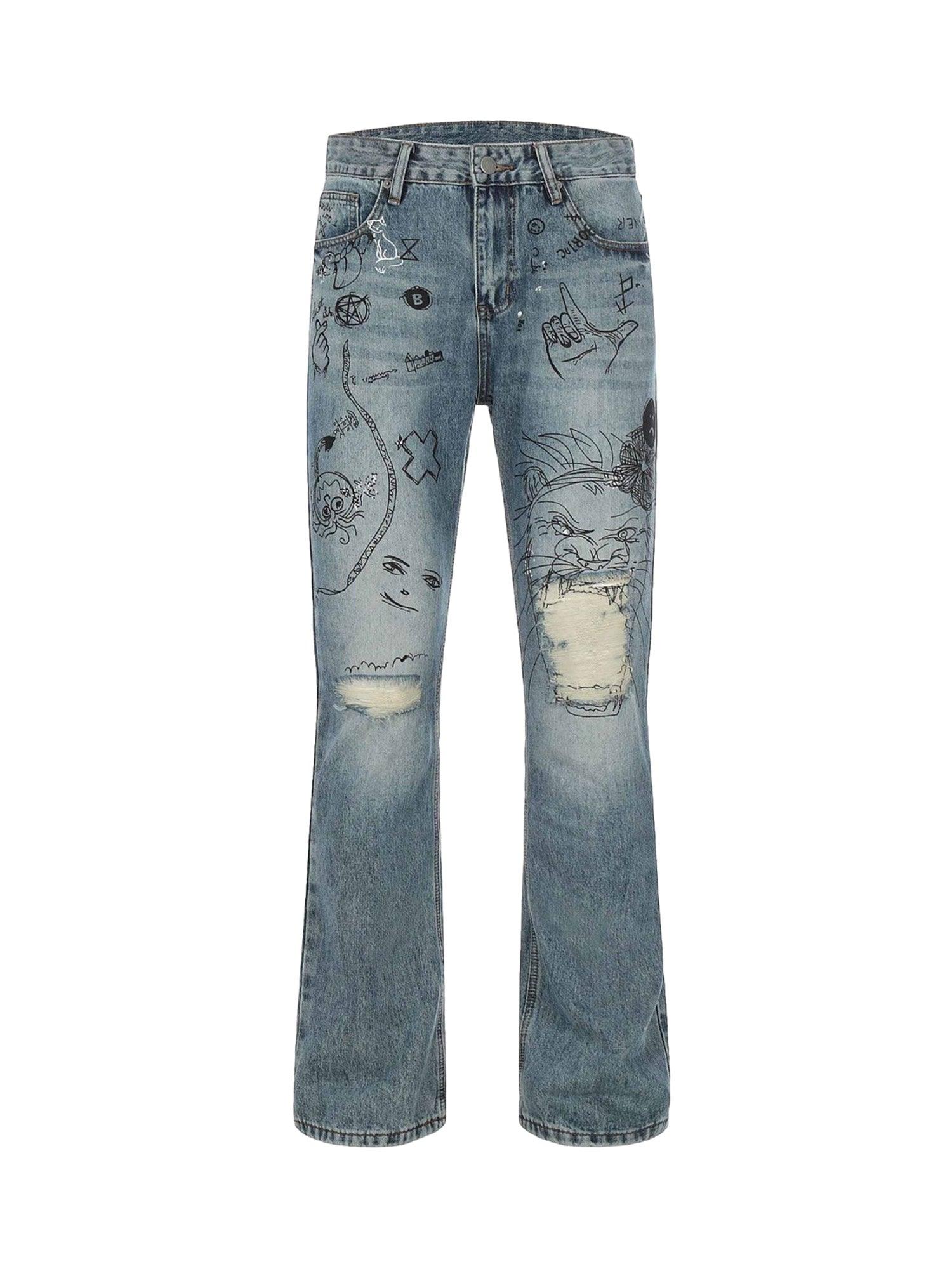 Tntwear Washed Graffiti Ripped Jeans - tntwear1