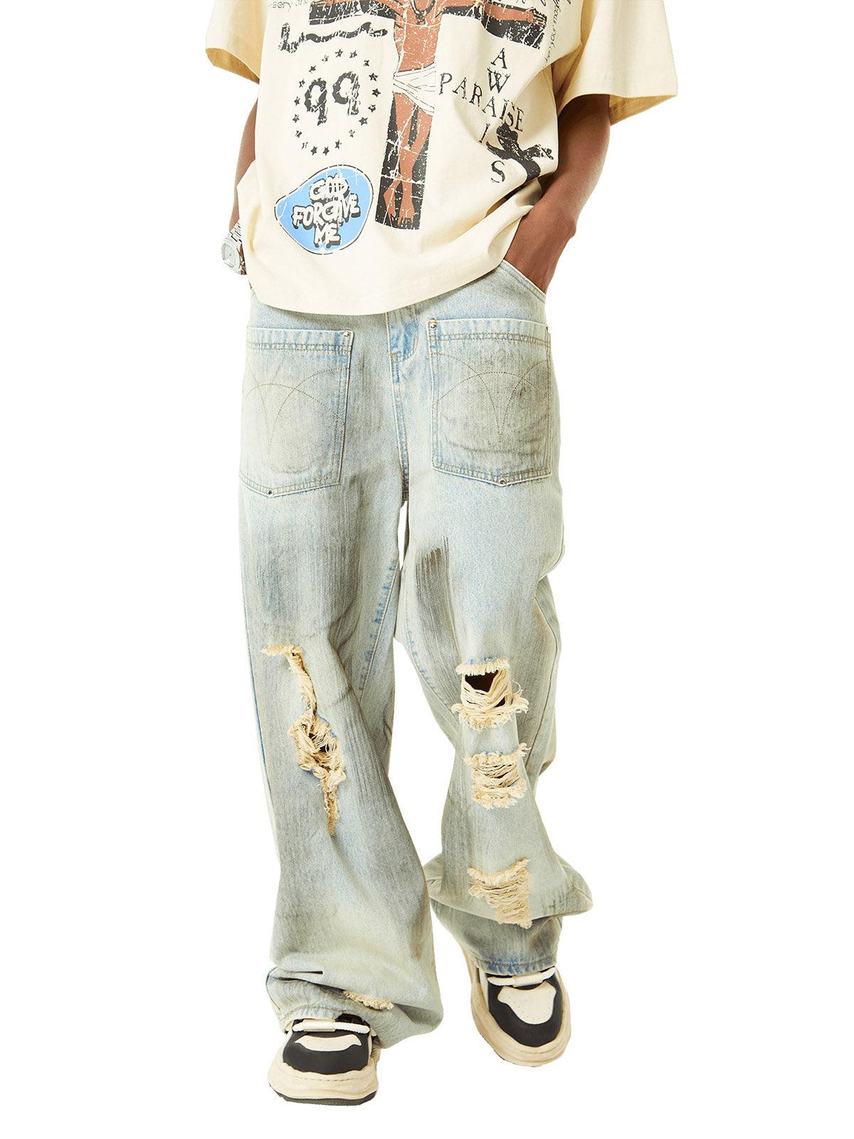 Tntwear Retro Washed Reverse Design Hip-Hop Jeans - tntwear1