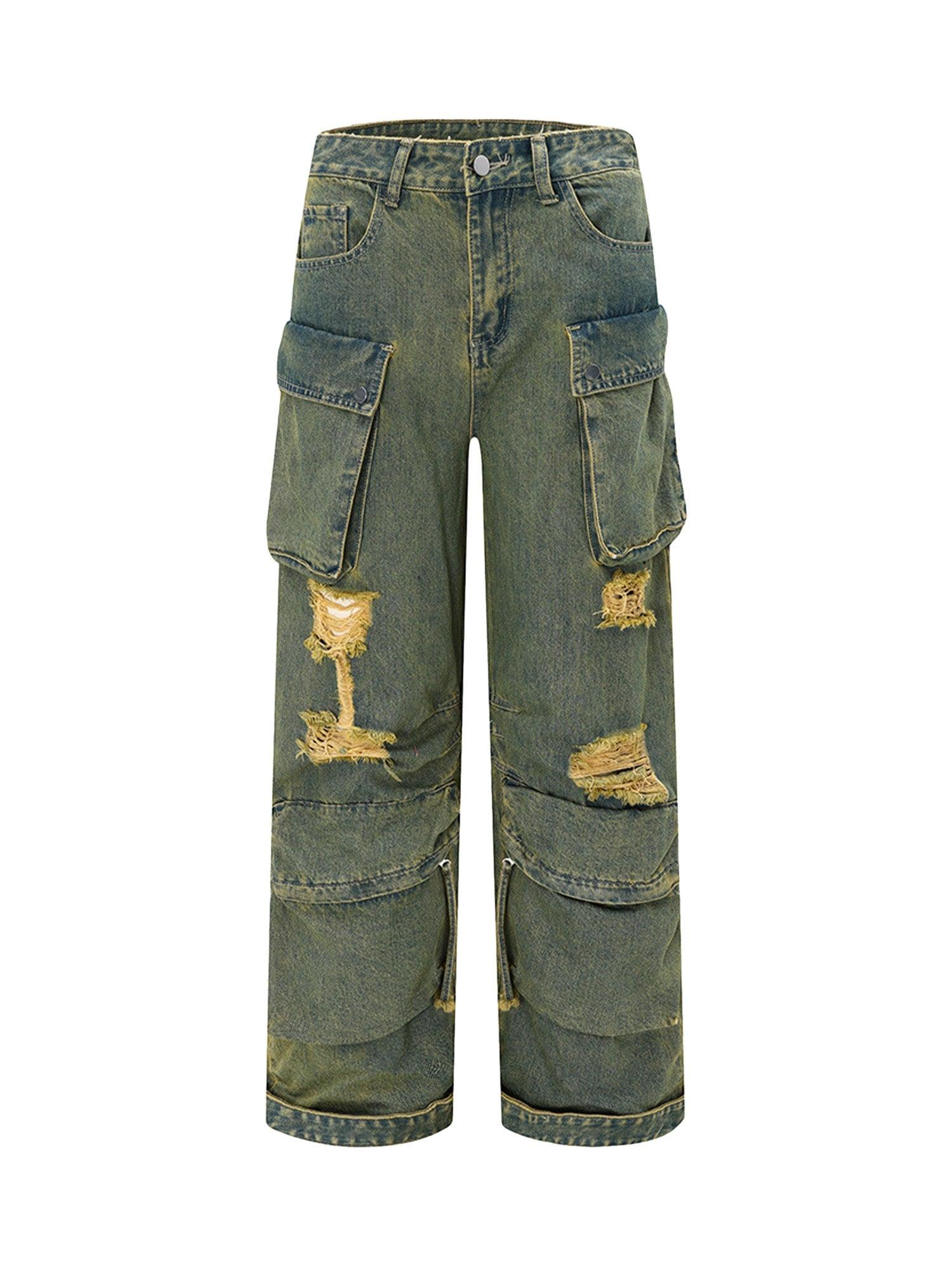 Tntwear Wasteland Style Washed Distressed Work Cargo Jeans - tntwear1