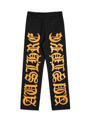 Tntwear Burning Text Embroidered Letters Jeans -1478 - tntwear1