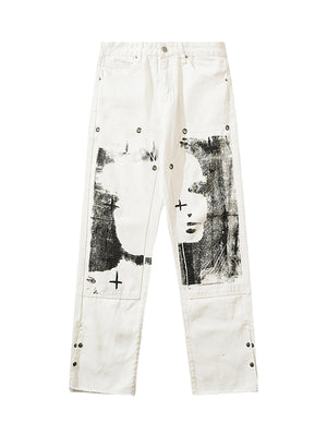 The Supermade Graffiti Print White Straight Jeans -1184 - tntwear1