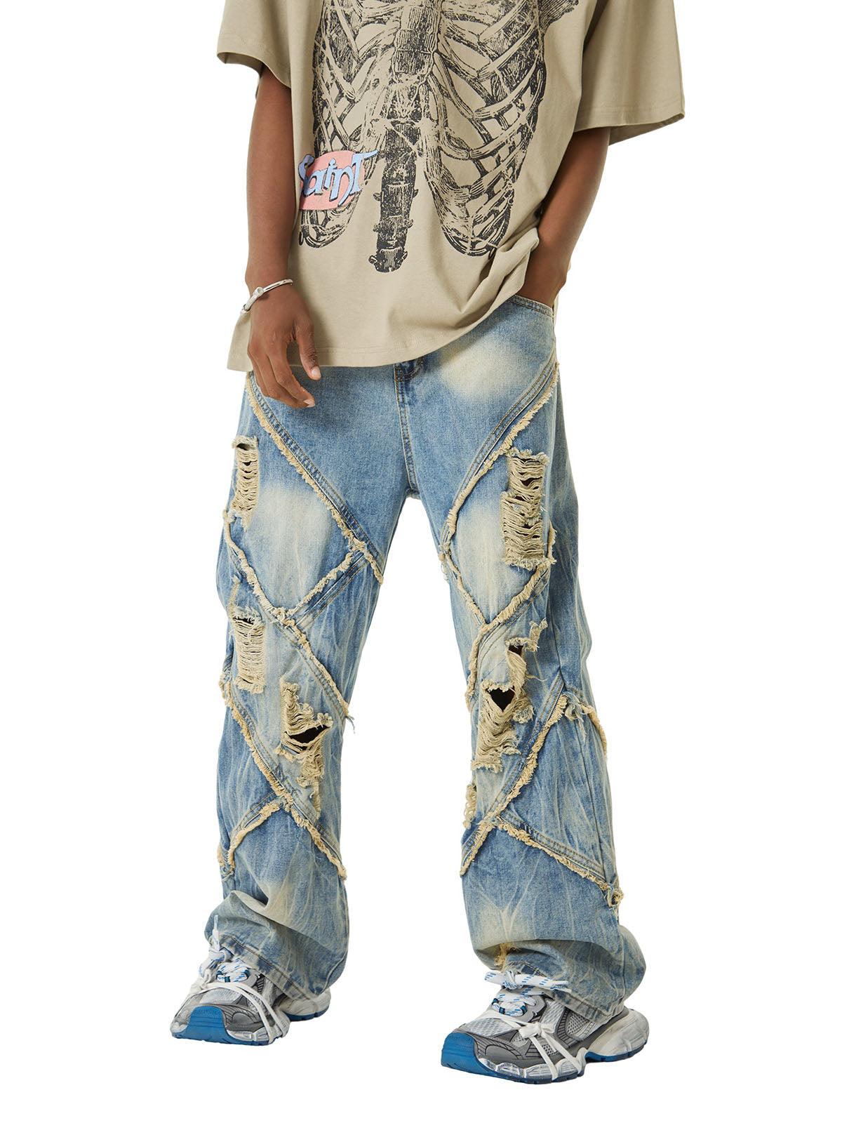 Tntwear Heavy Washed Ripped Plaid Stitching Hip-Hop Jeans - 2174 - tntwear1