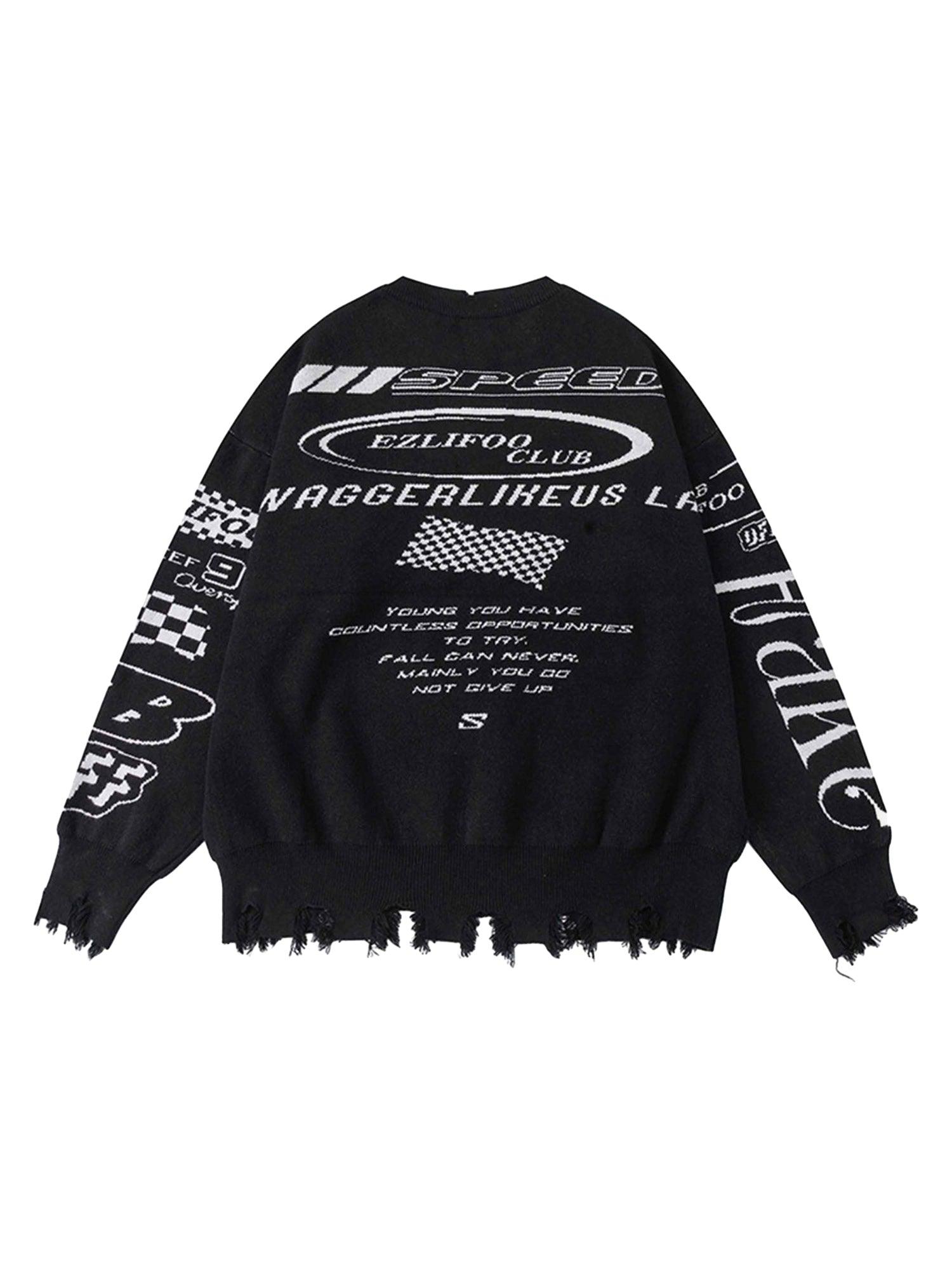 Tntwear Vintage Burlap Racing Suit Letter Jacquard Sweater - tntwear1