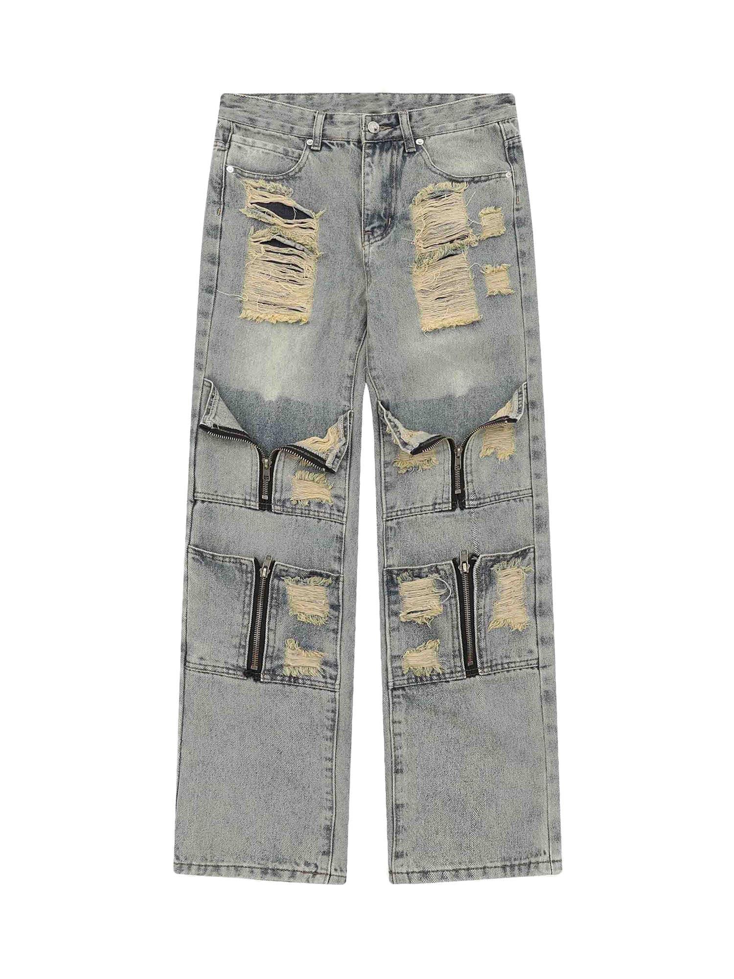 High Street Washed And Torn Work Pockets Denim Pants- 1646 - tntwear1