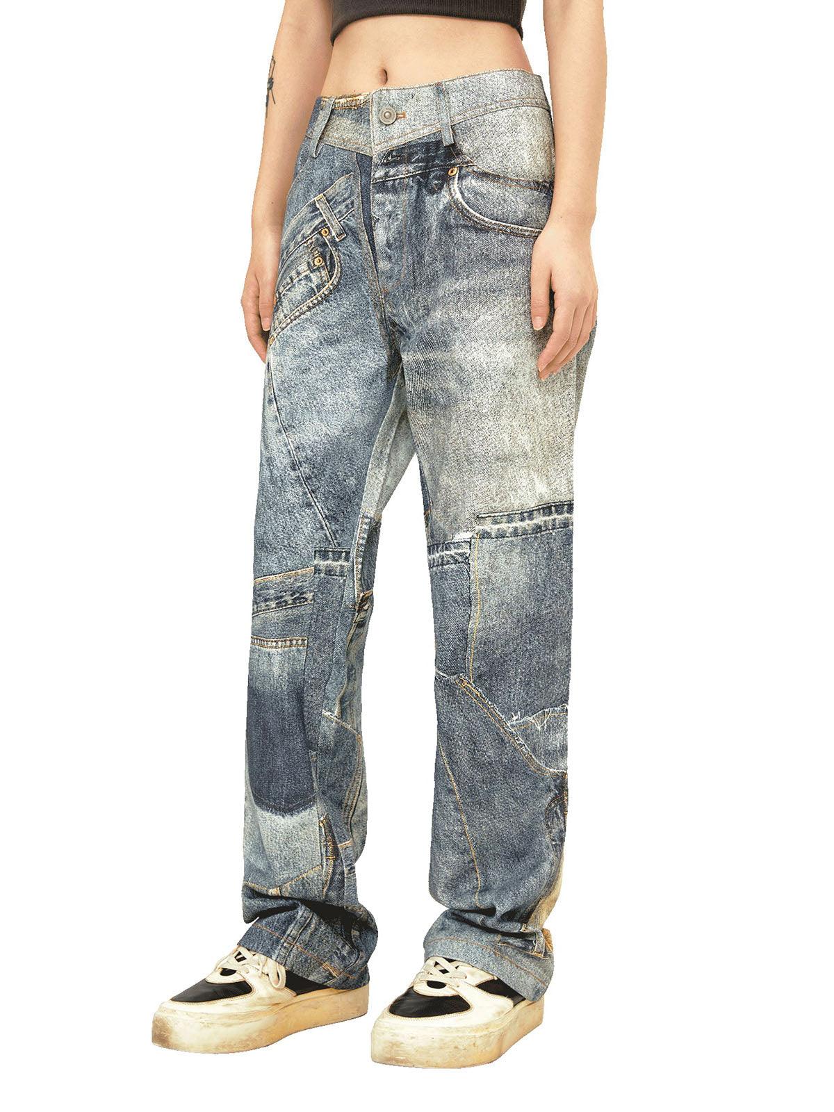 Tntwear Street Hip-Hop Deconstructed Print Jeans - tntwear1