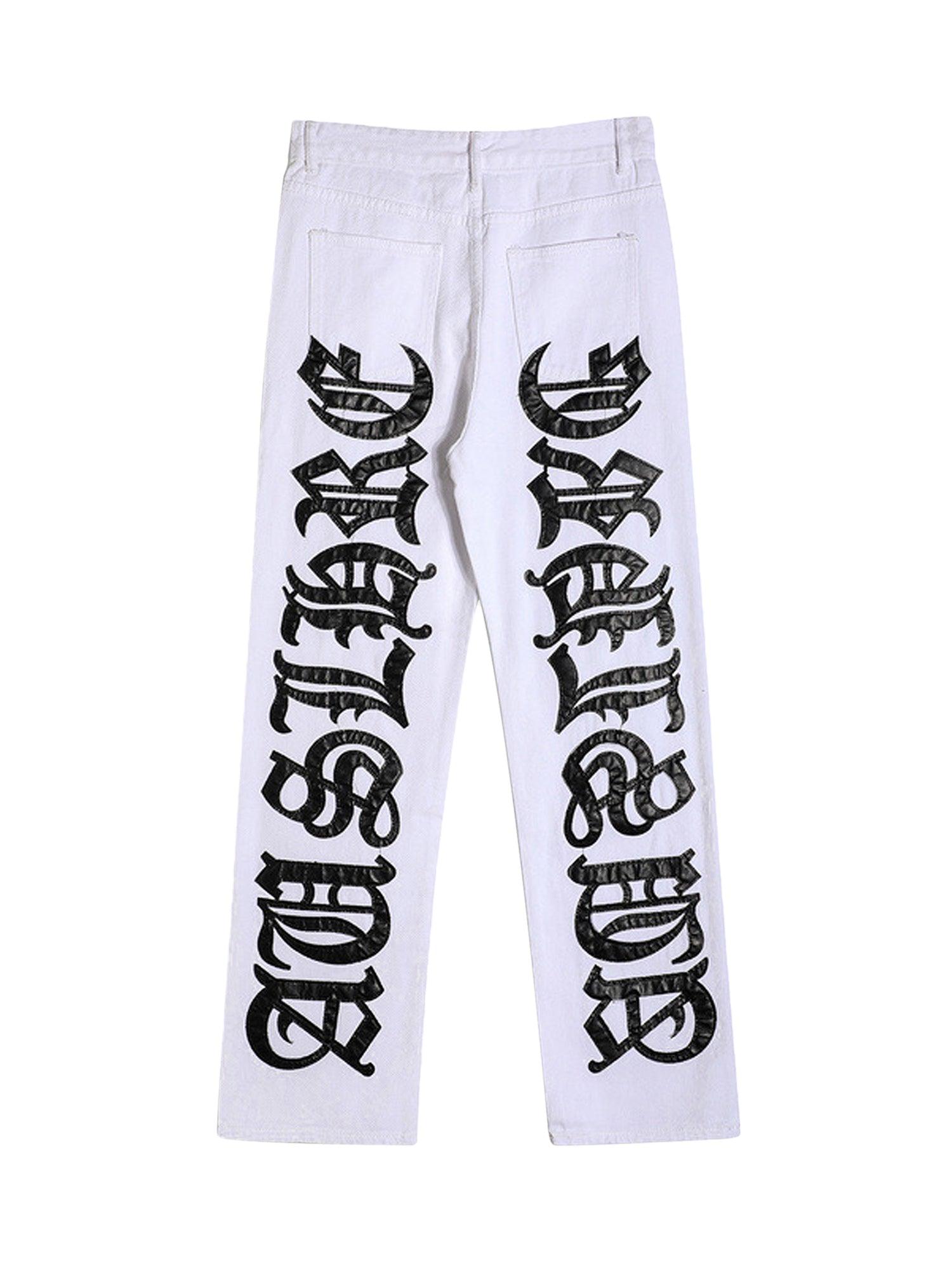 Tntwear Burning Text Embroidered Letters Jeans -1478 - tntwear1