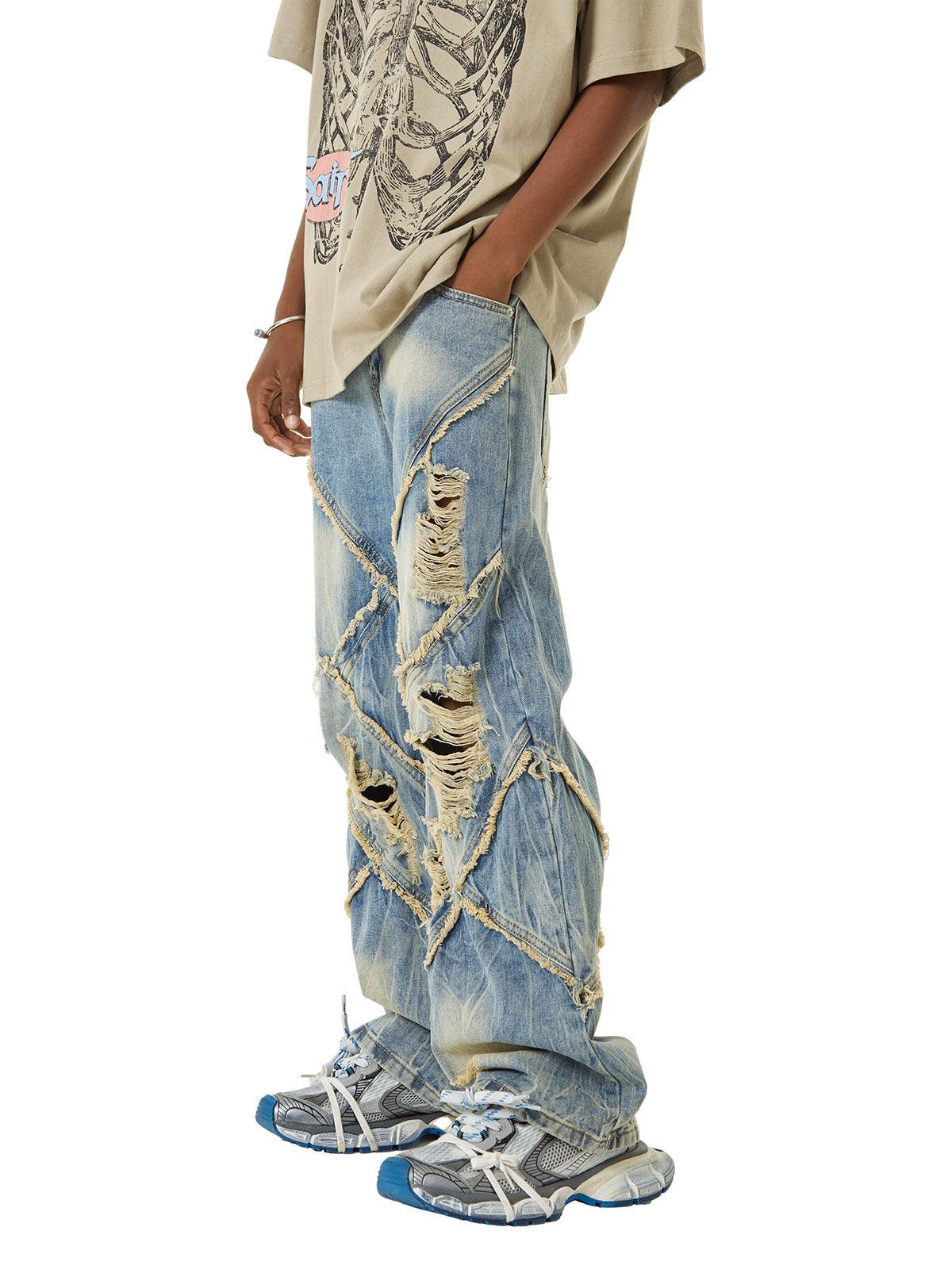 Tntwear Heavy Washed Ripped Plaid Stitching Hip-Hop Jeans - 2174 - tntwear1