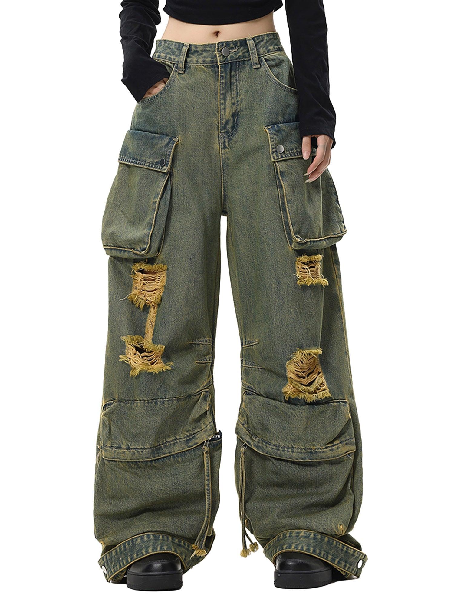 Tntwear Wasteland Style Washed Distressed Work Cargo Jeans - tntwear1