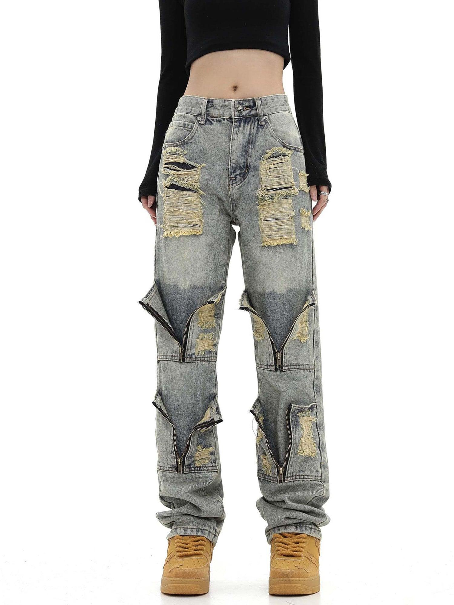 High Street Washed And Torn Work Pockets Denim Pants- 1646 - tntwear1