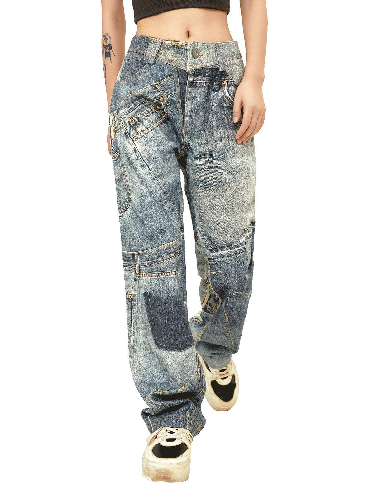 Tntwear Street Hip-Hop Deconstructed Print Jeans - tntwear1