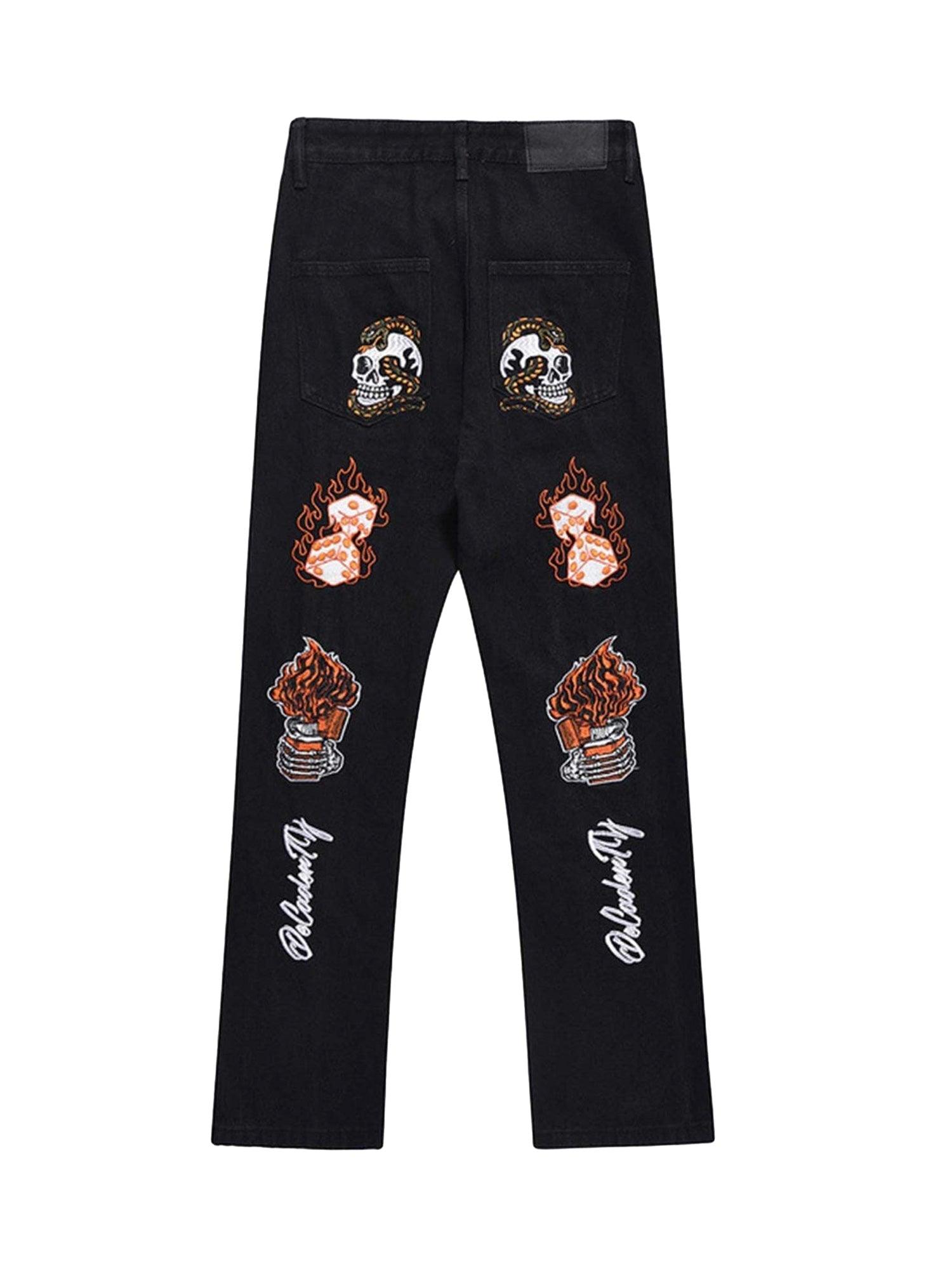 Tntwear Skull Flame Monogram Embroidered Slim Fit Jeans - tntwear1