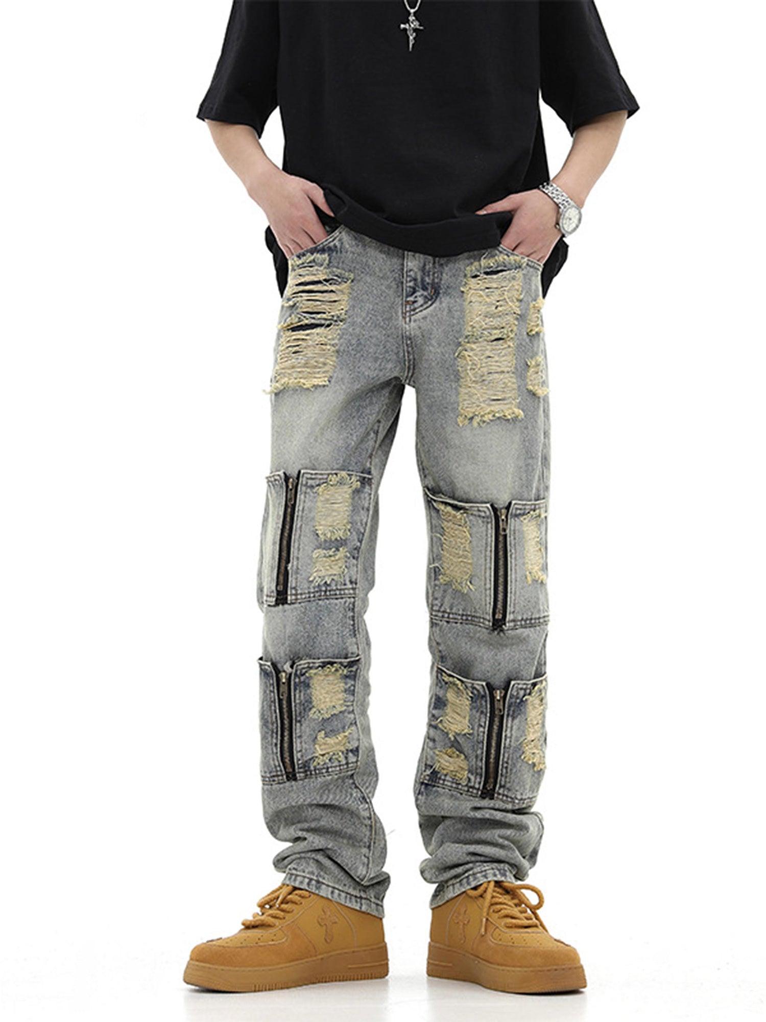 High Street Washed And Torn Work Pockets Denim Pants- 1646 - tntwear1