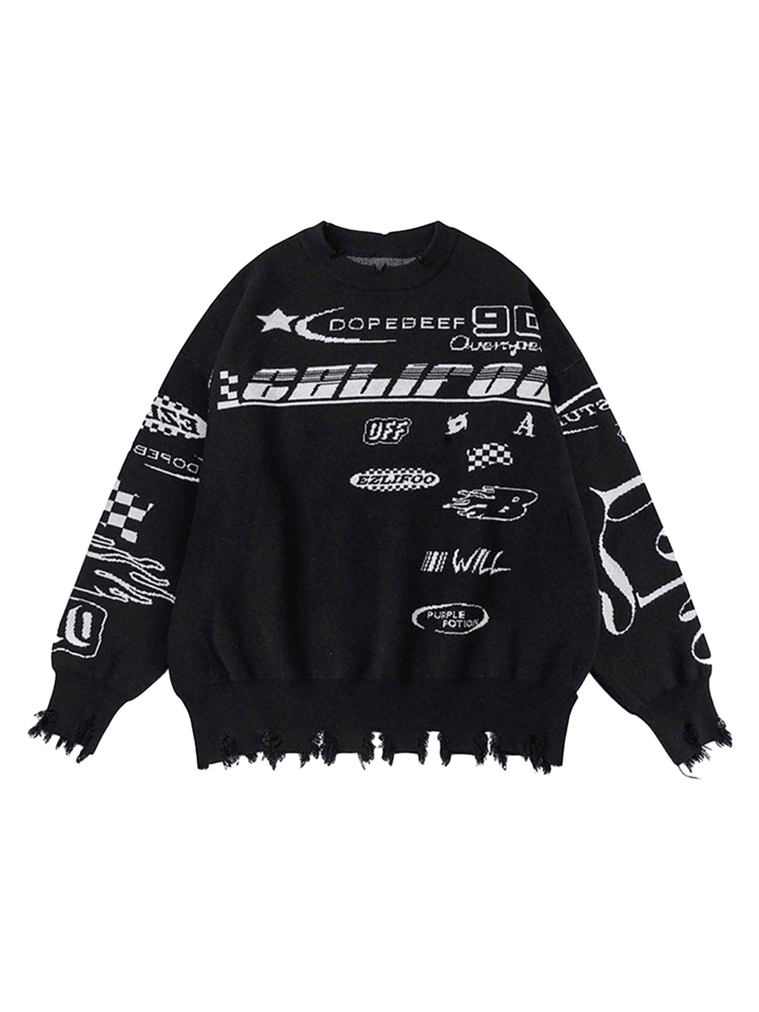 Tntwear Vintage Burlap Racing Suit Letter Jacquard Sweater - tntwear1