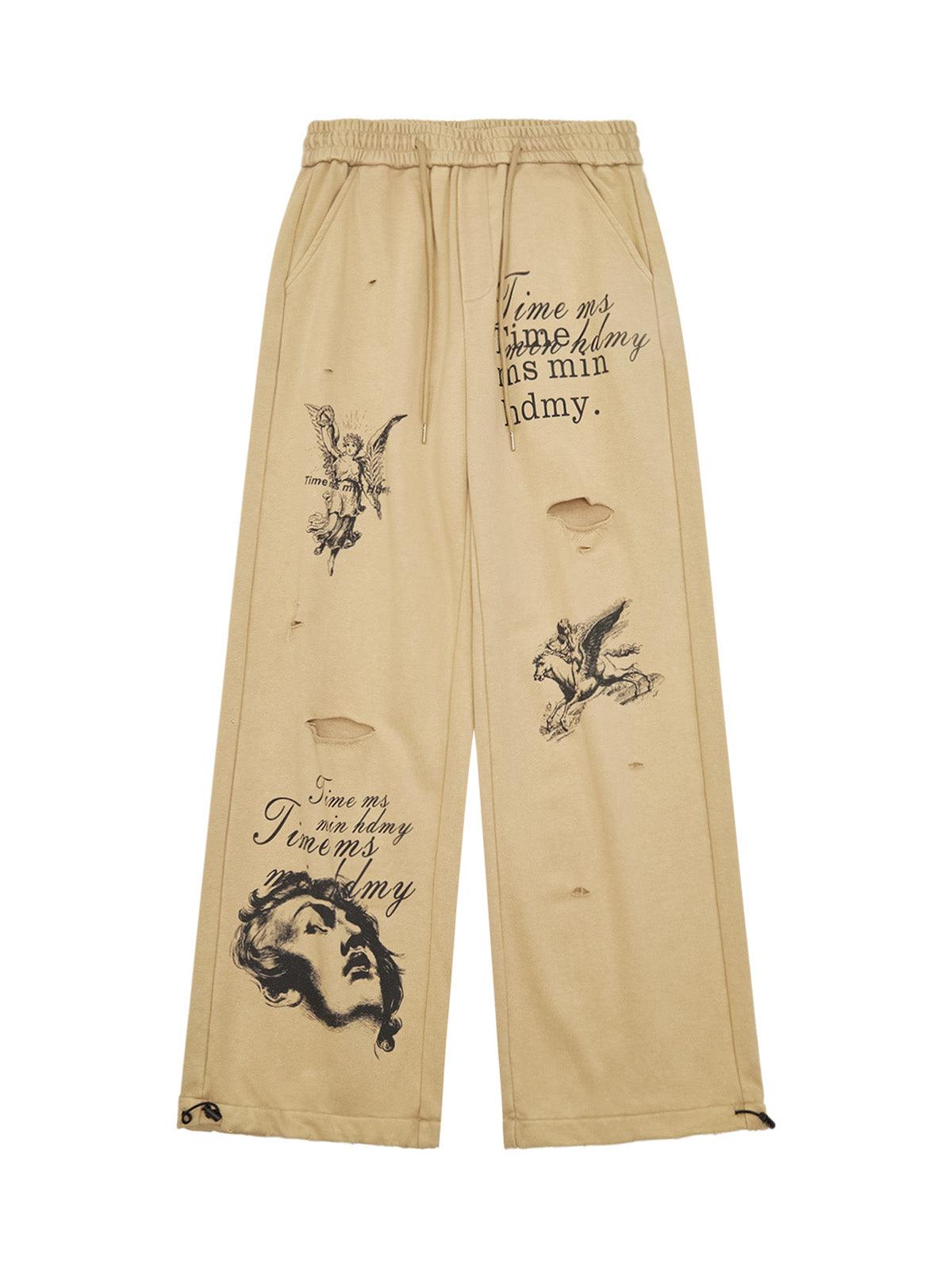 Tntwear Cut Hole Angel Drawing Letter Pants