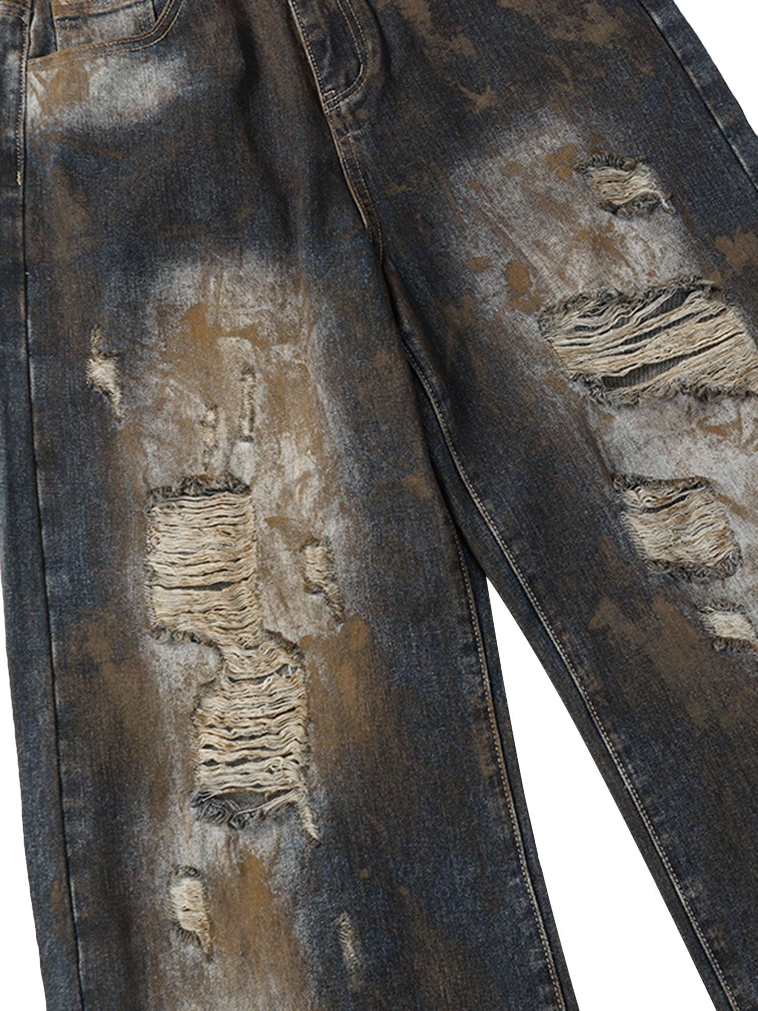 Heavy Duty Ripped Washed Straight Jeans - tntwear1