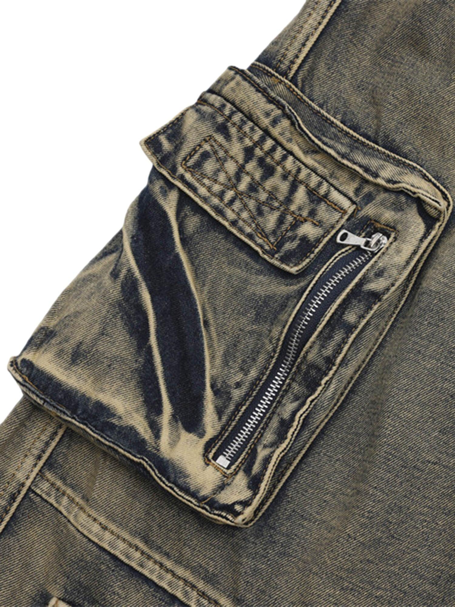 Wasteland Style Multi-pocket Washed Denim Jeans - tntwear1