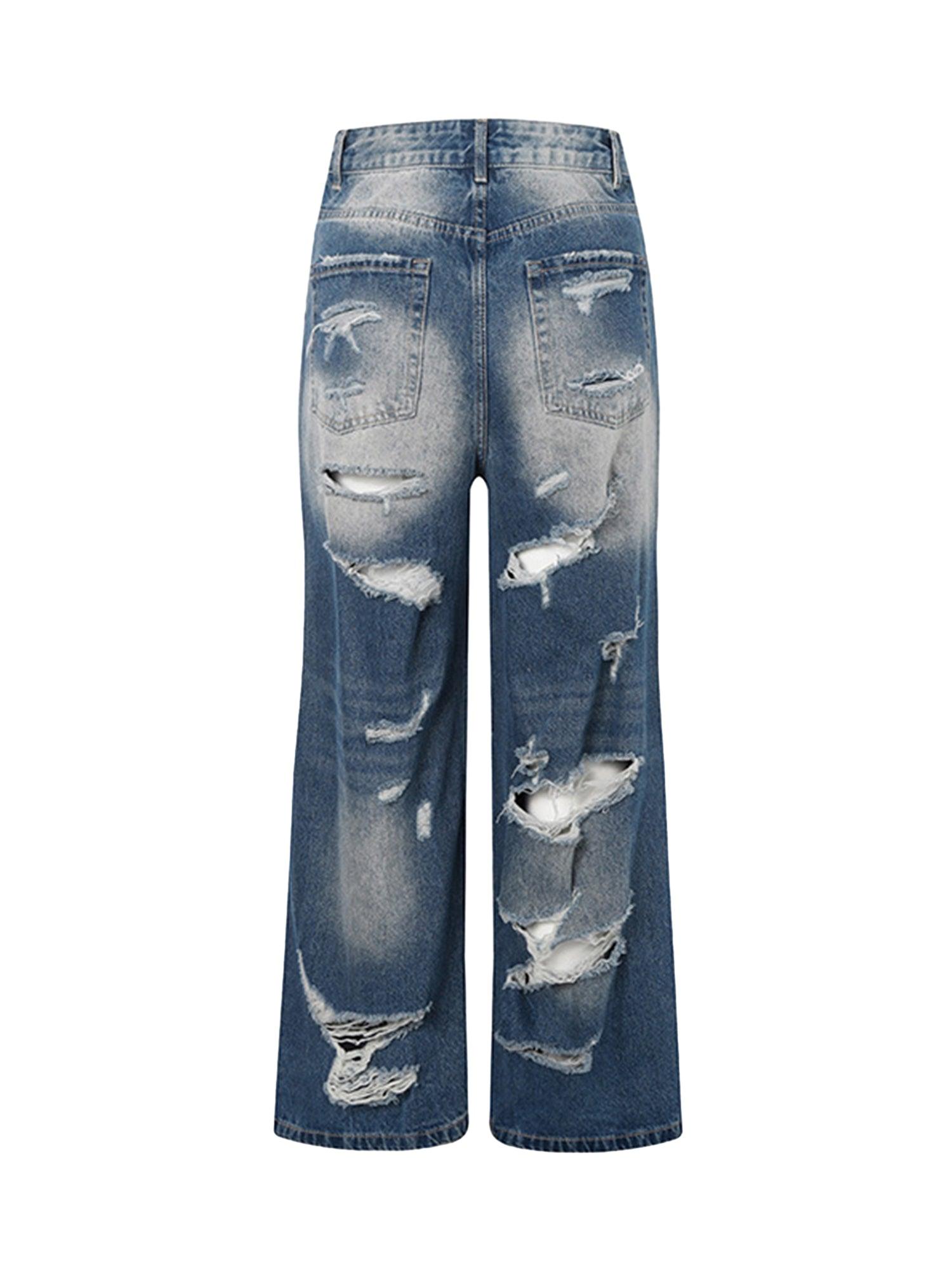 High Street Heavy Duty Ripped Washed Straight Jeans - tntwear1