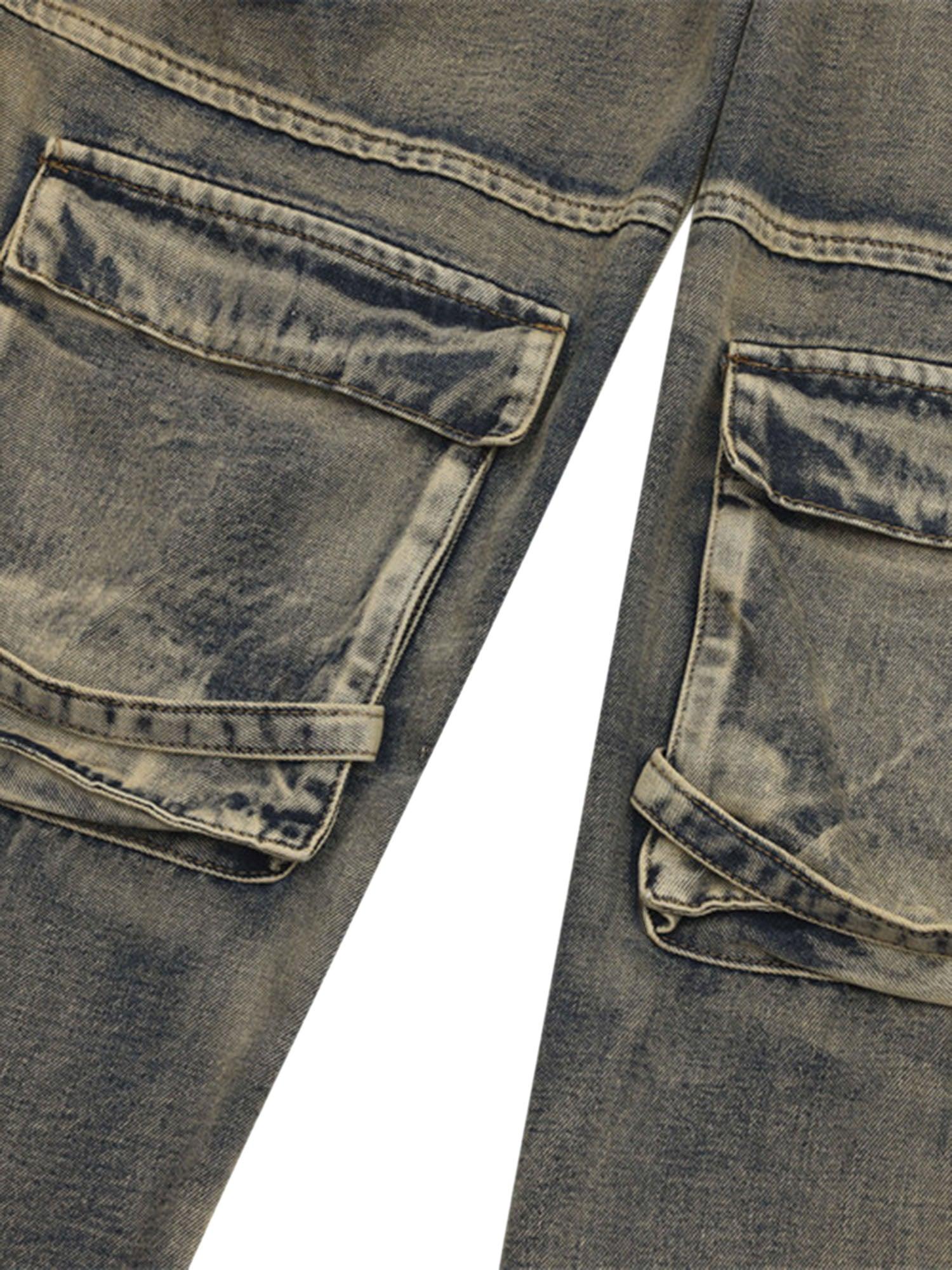 Wasteland Style Multi-pocket Washed Denim Jeans - tntwear1