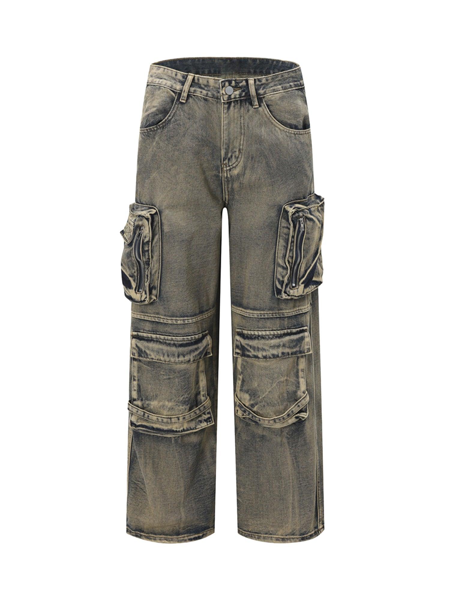 Wasteland Style Multi-pocket Washed Denim Jeans - tntwear1