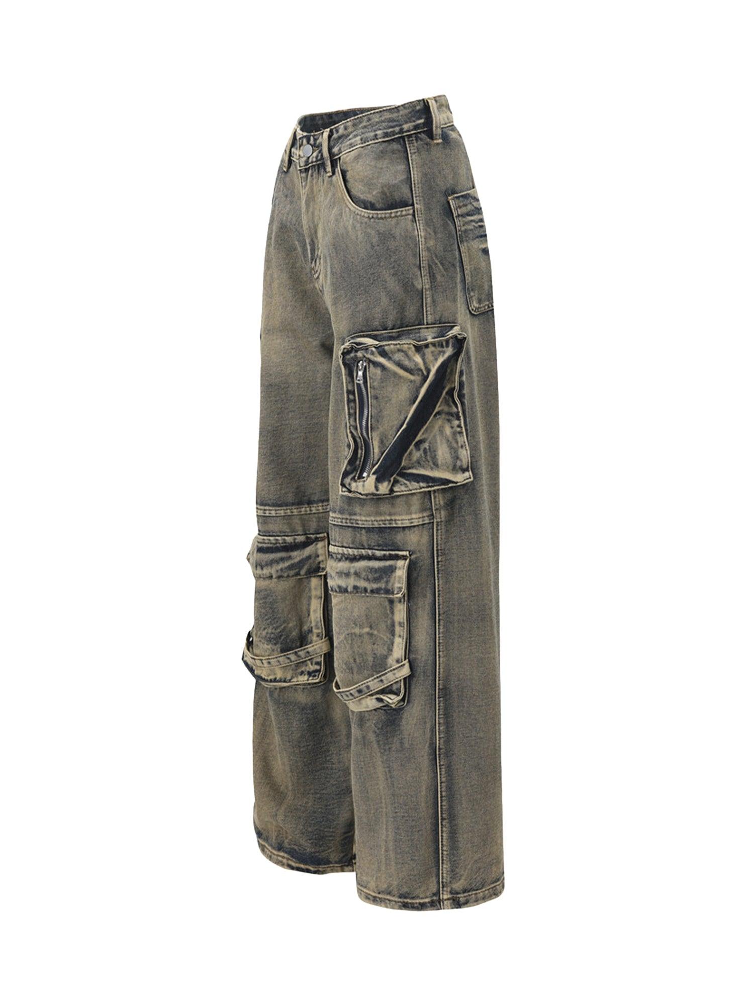 Wasteland Style Multi-pocket Washed Denim Jeans - tntwear1