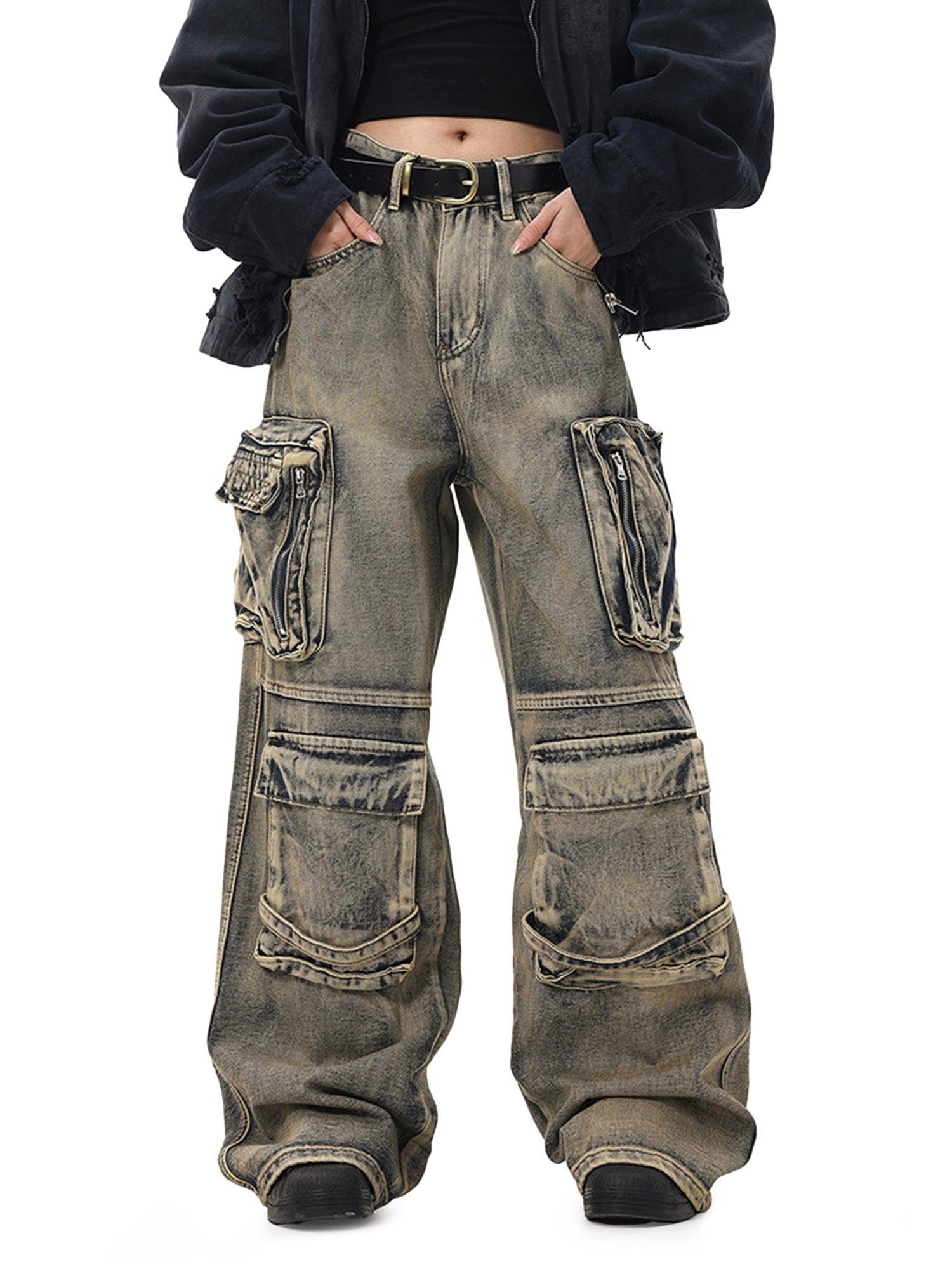 Wasteland Style Multi-pocket Washed Denim Jeans - tntwear1