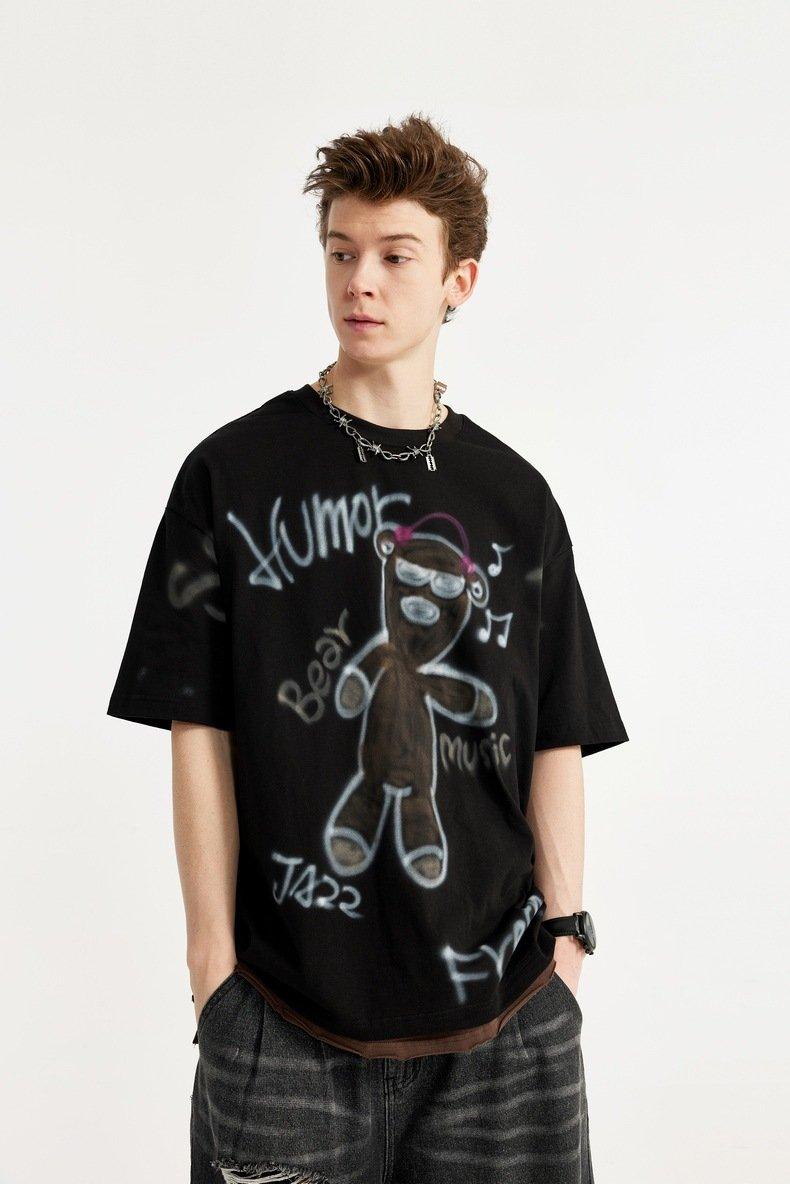 Oversized Music Bear Printed T-shirt - tntwear1