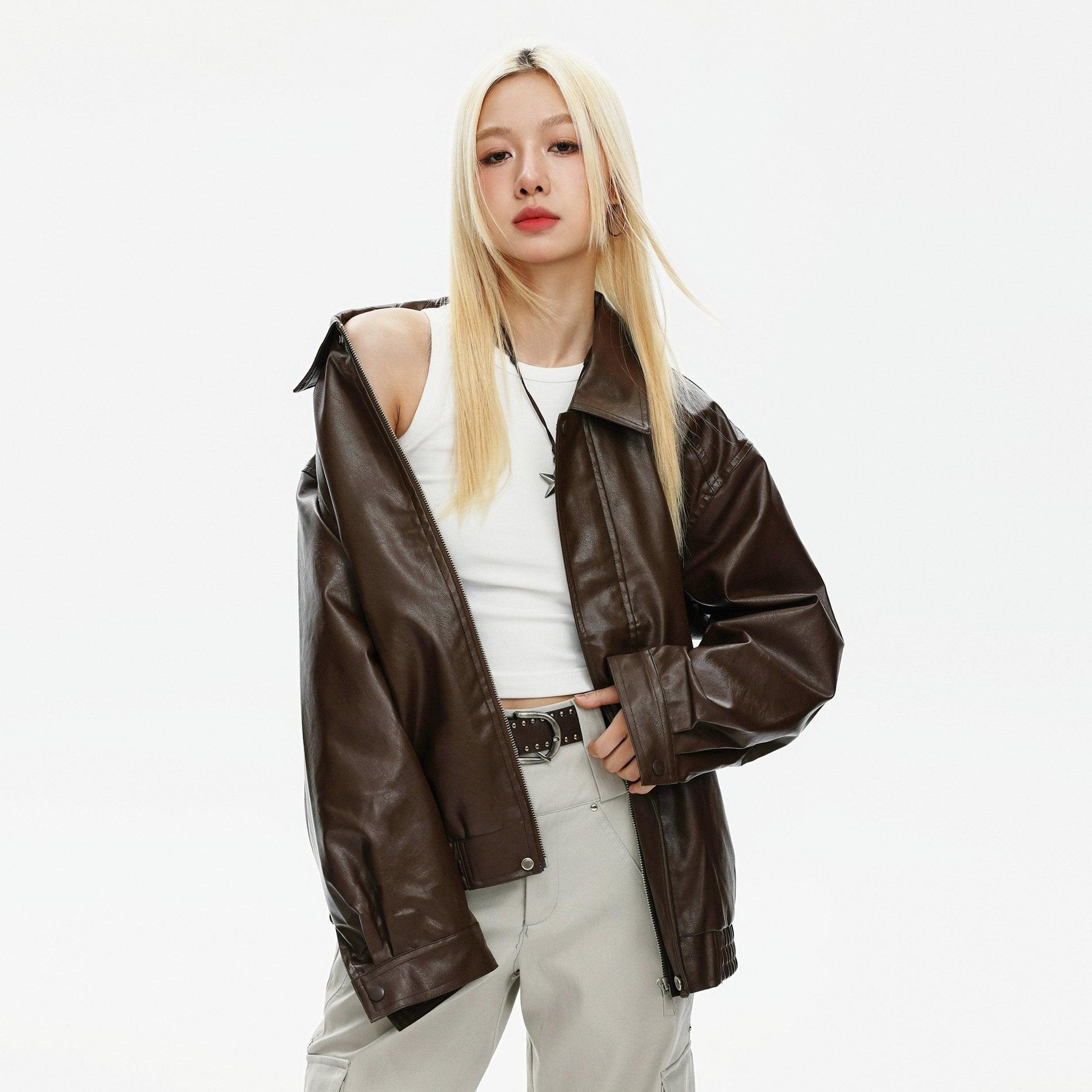 Loose Solid Color Leather Jacket - tntwear1