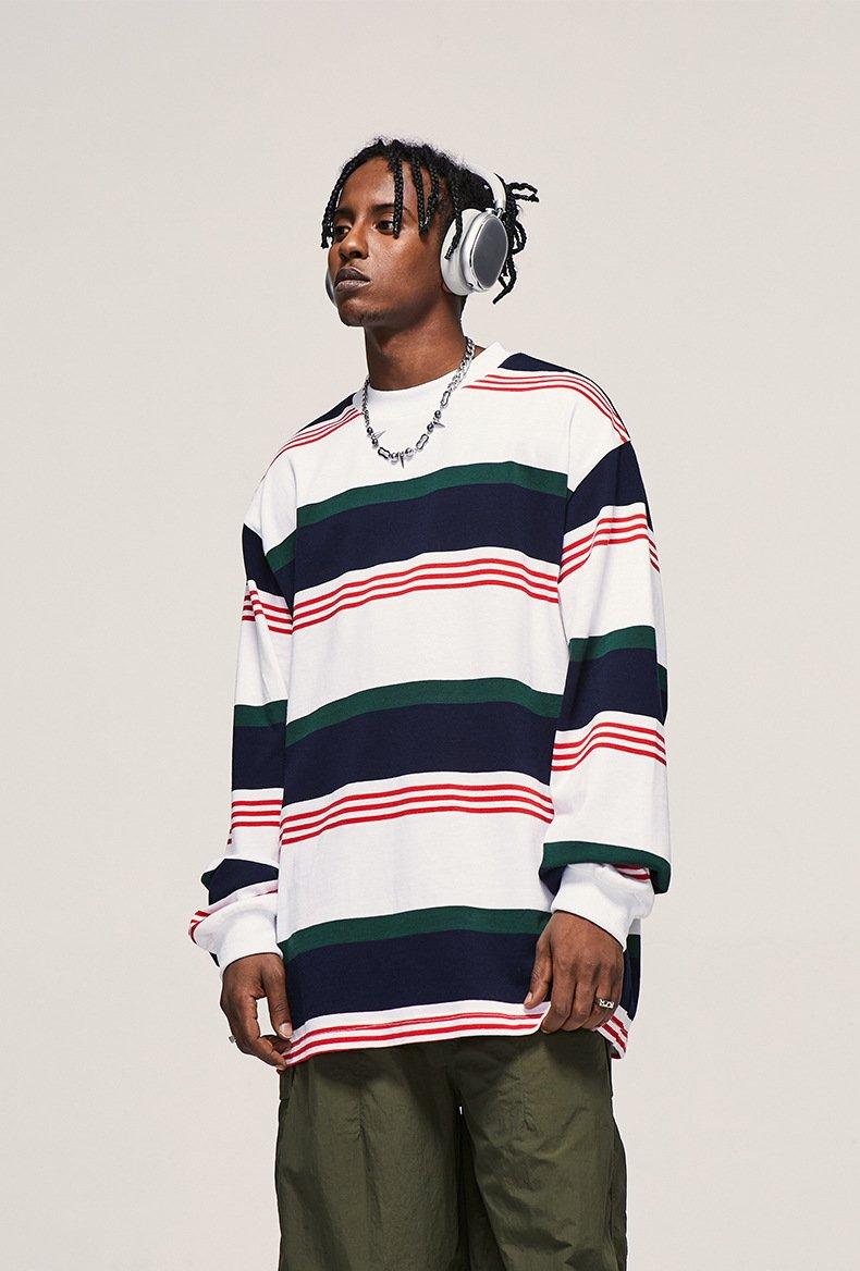 Contrast Striped Loose Long-sleeved T-shirt - tntwear1