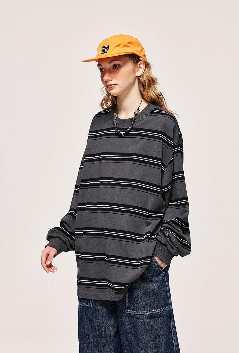 Vintage Striped Loose Long-sleeved T-shirt - tntwear1