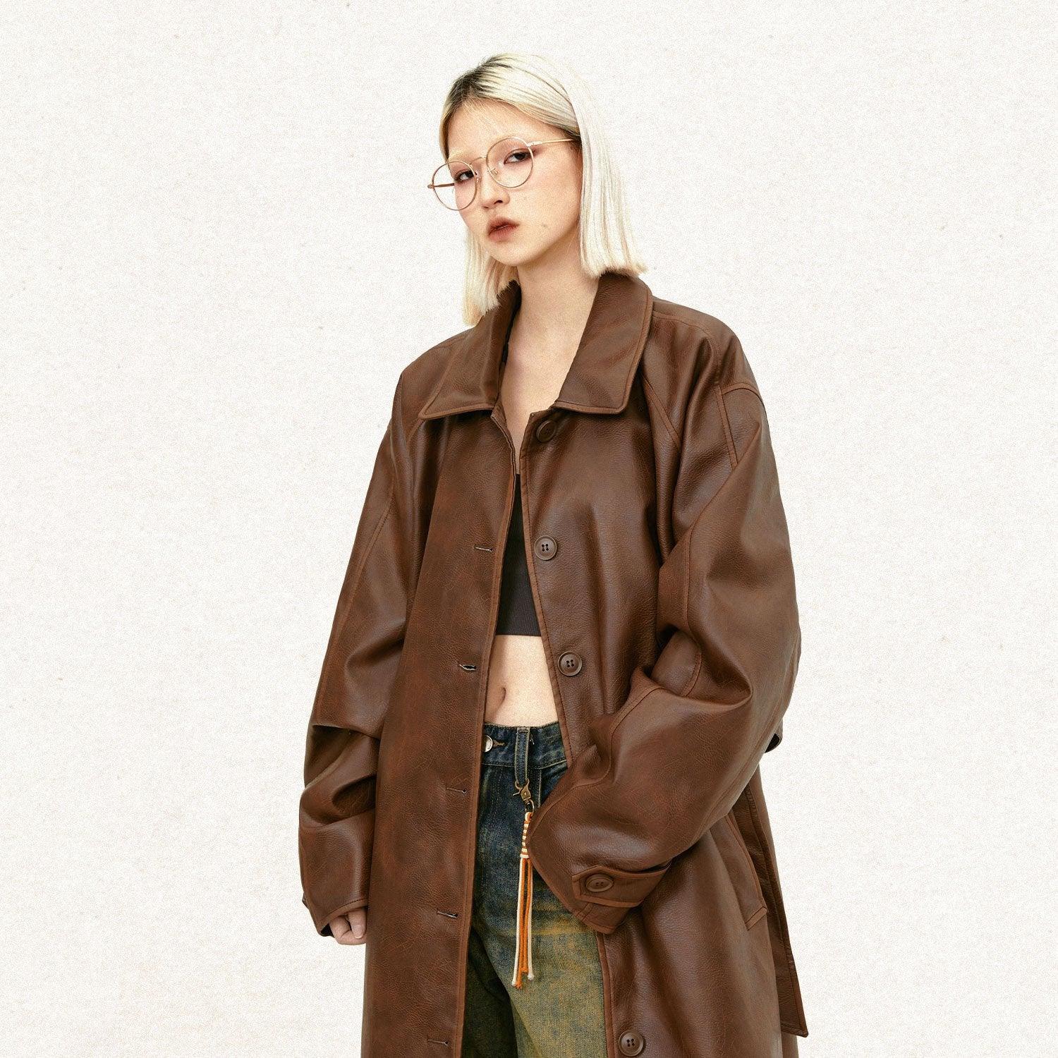 Y2k Solid Color Leather Coat - tntwear1