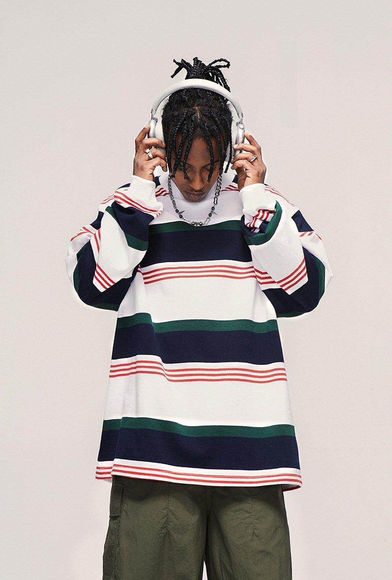 Contrast Striped Loose Long-sleeved T-shirt - tntwear1